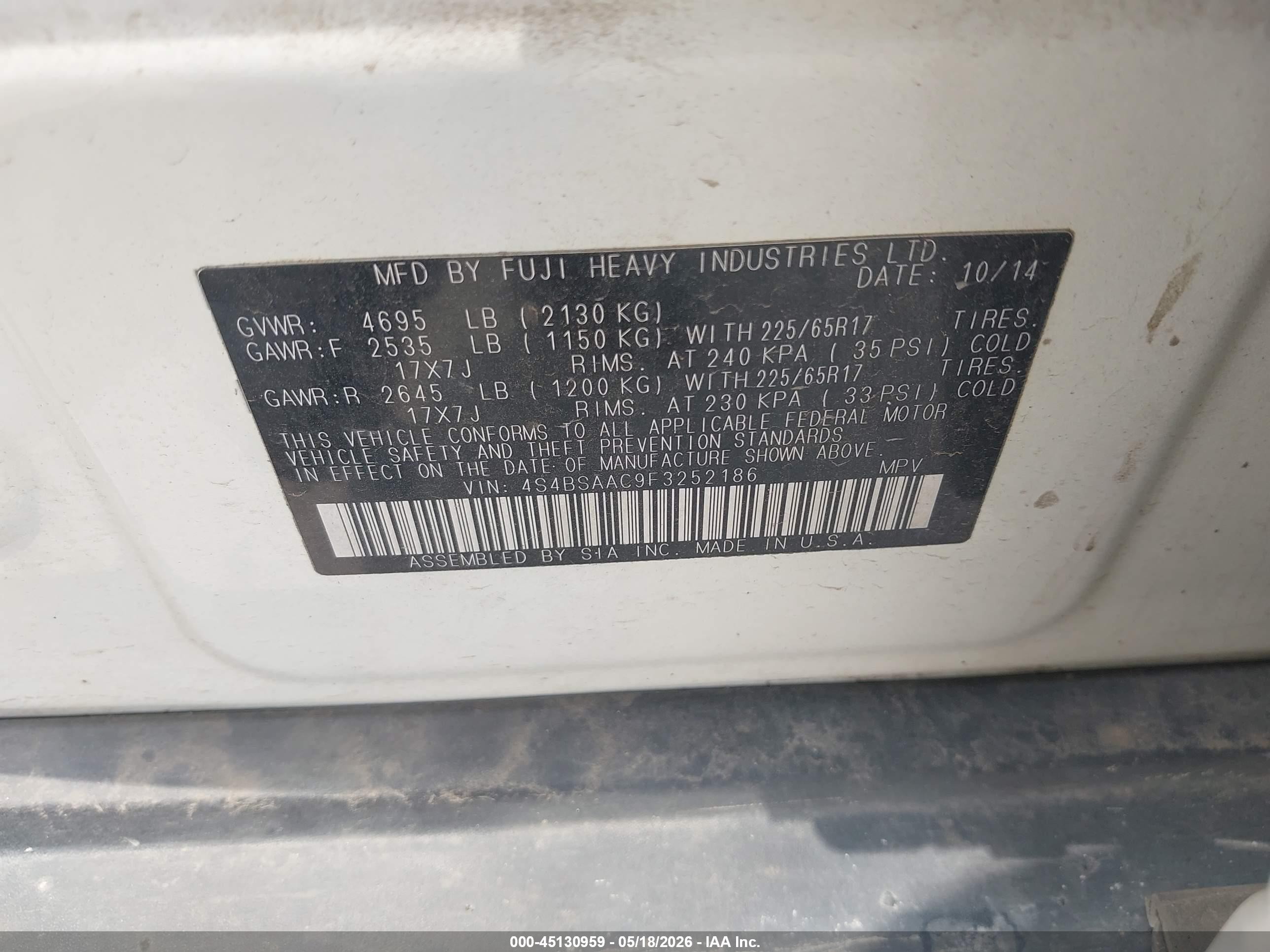 2015 Subaru Outback 2.5i White vin: 4S4BSAAC9F3252186