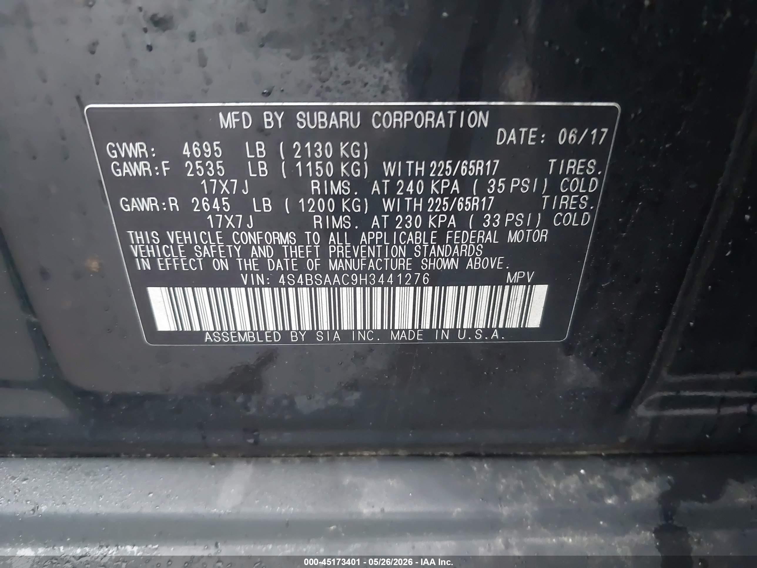 2017 Subaru Outback 2.5i Black vin: 4S4BSAAC9H3441276