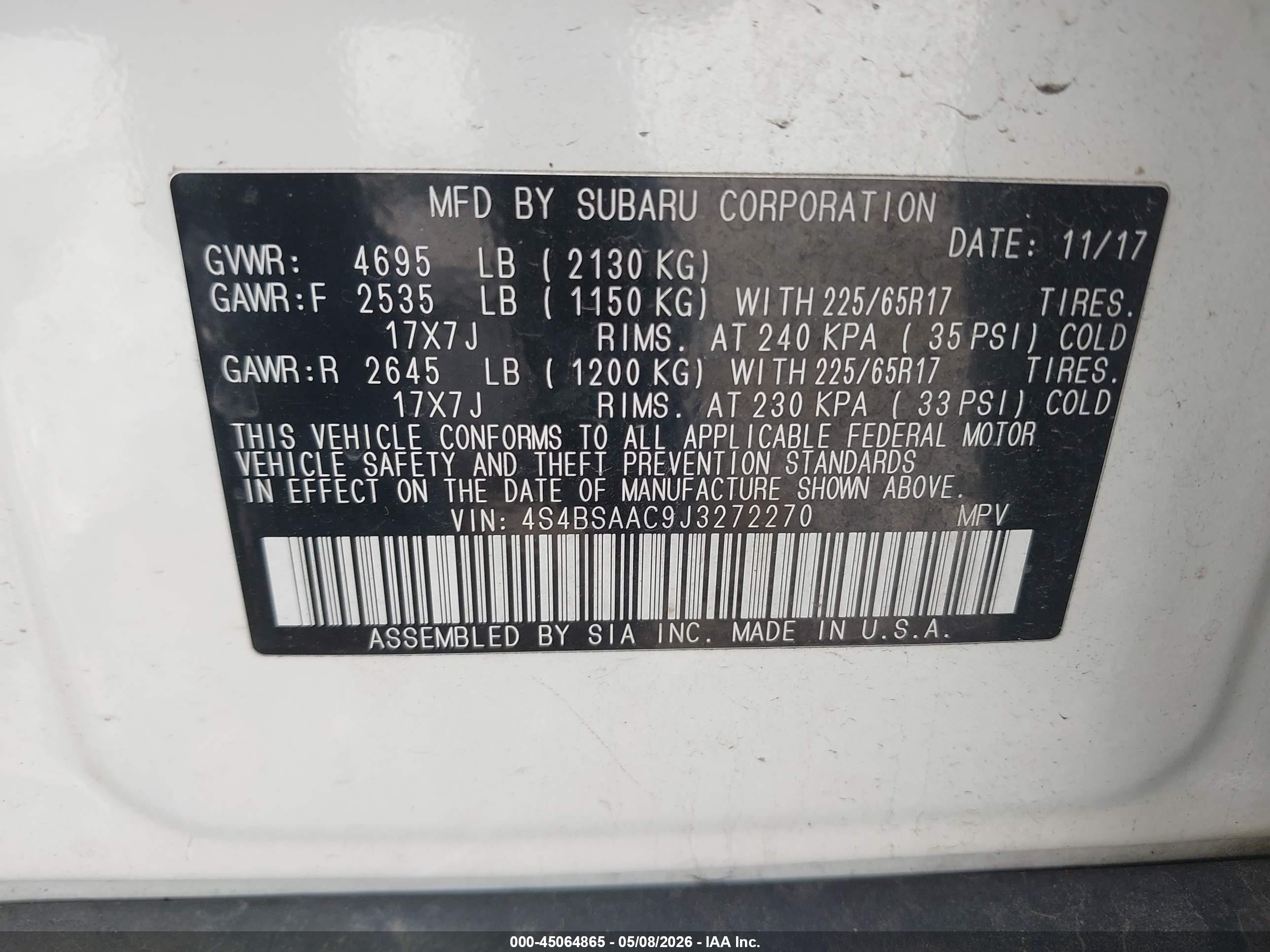 2018 Subaru Outback 2.5i White vin: 4S4BSAAC9J3272270