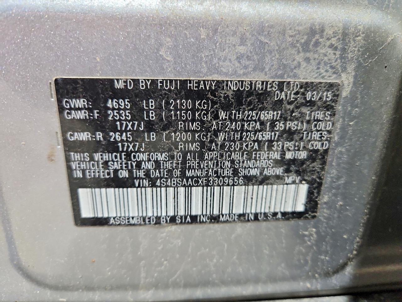 2015 Subaru Outback 2.5i Серебряный vin: 4S4BSAACXF3309656