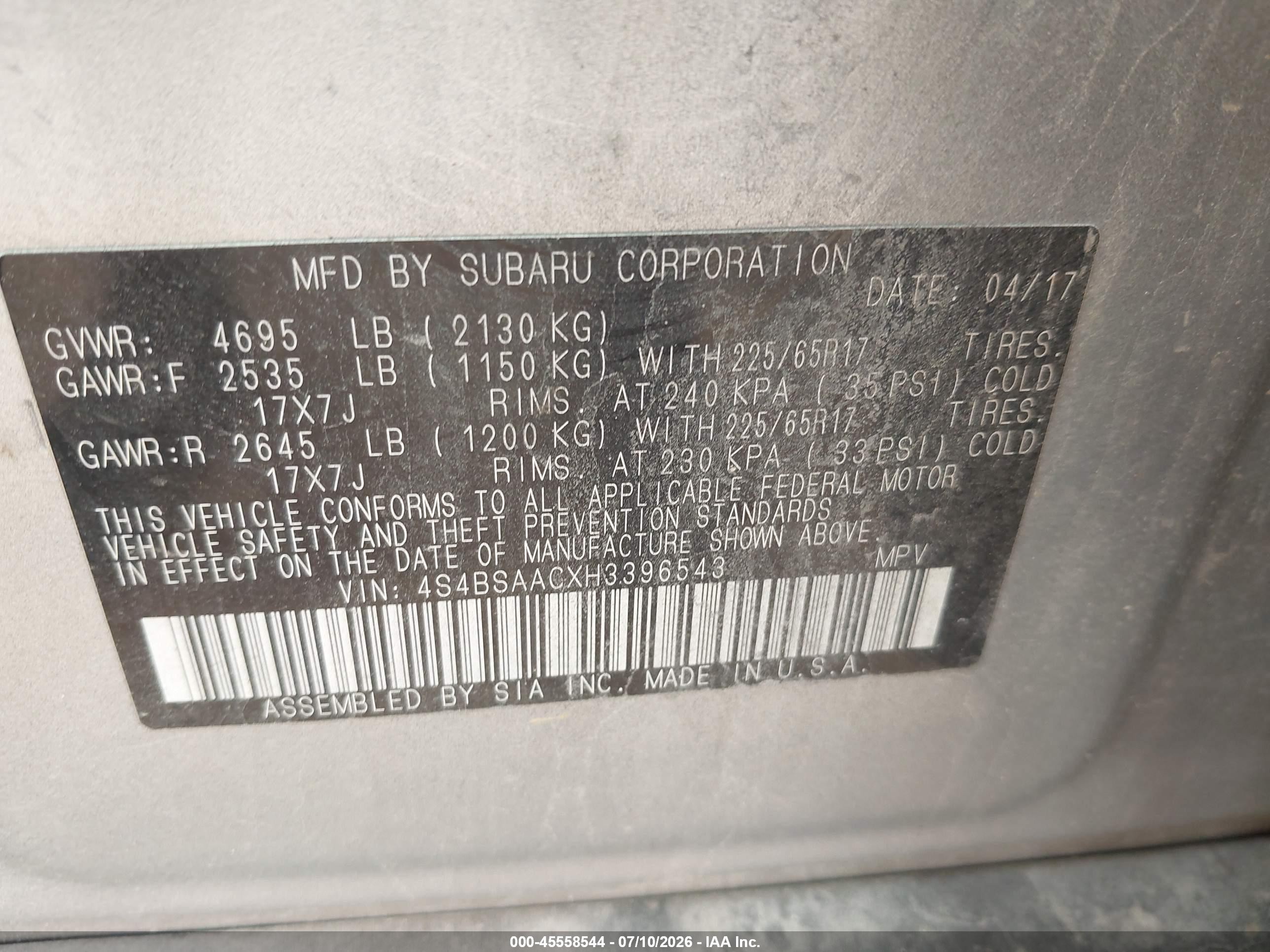 2017 Subaru Outback 2.5i Серебряный vin: 4S4BSAACXH3396543