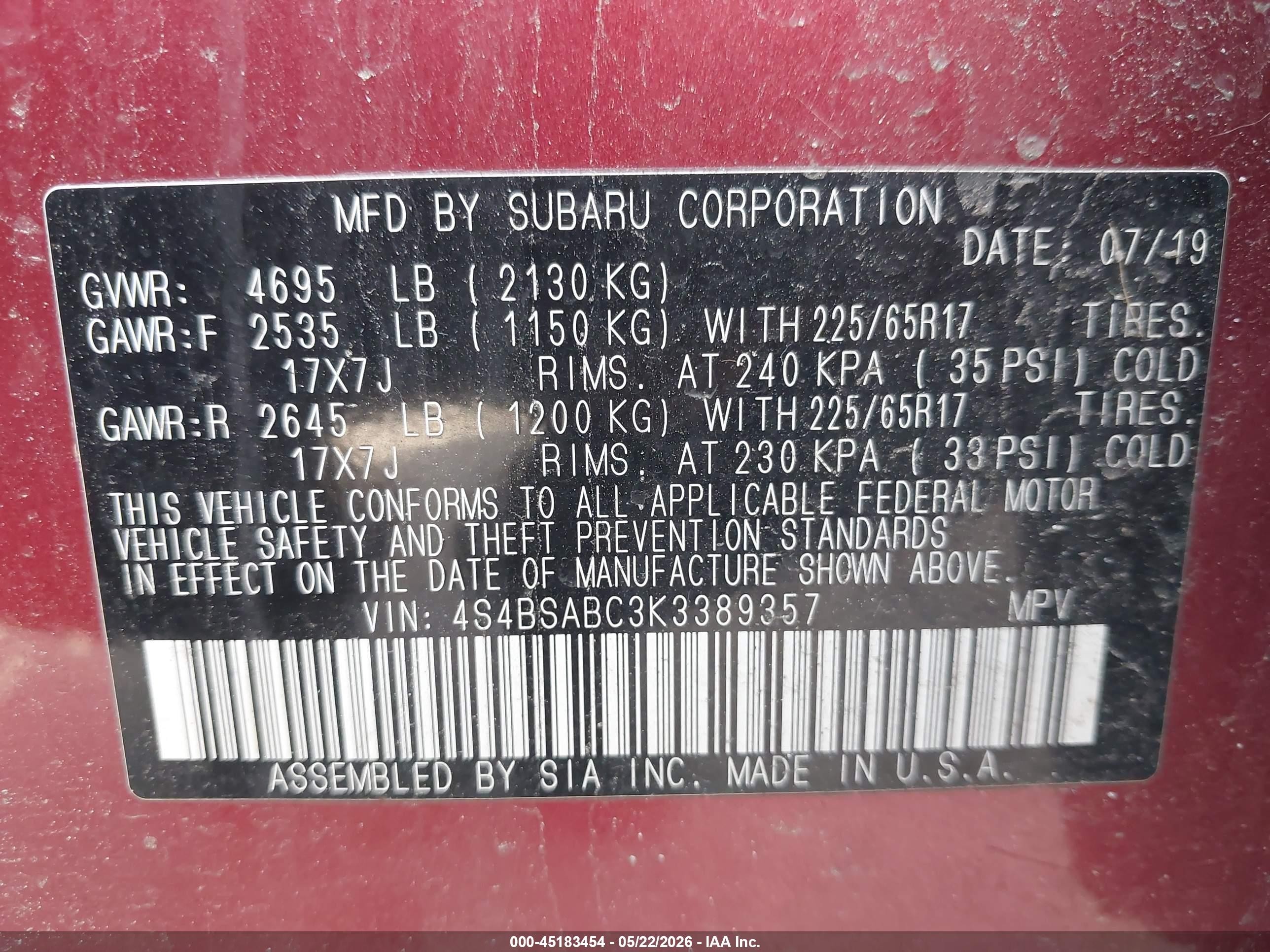 2019 Subaru Outback 2.5i Red vin: 4S4BSABC3K3389357