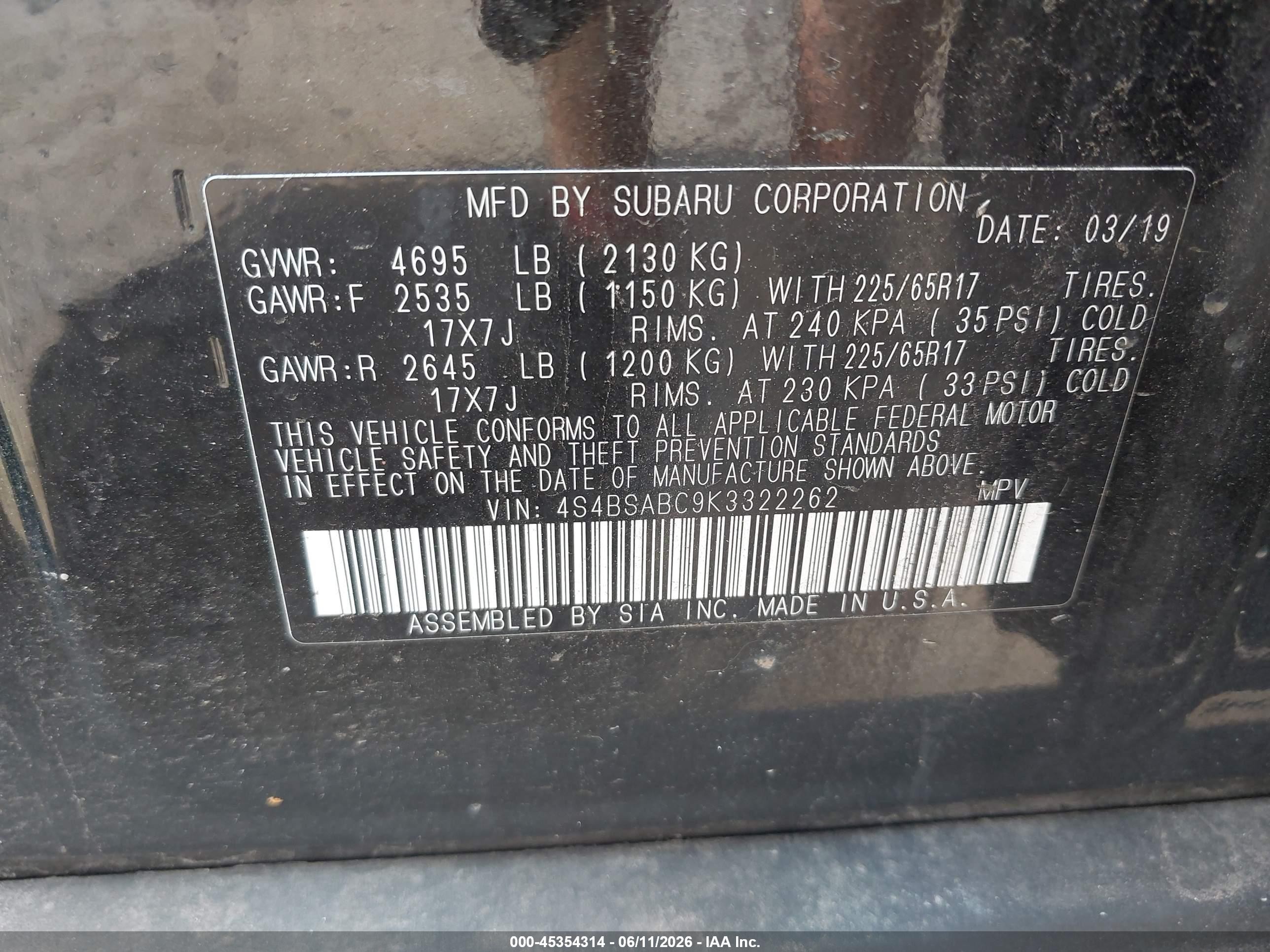 2019 Subaru Outback 2.5i Black vin: 4S4BSABC9K3322262