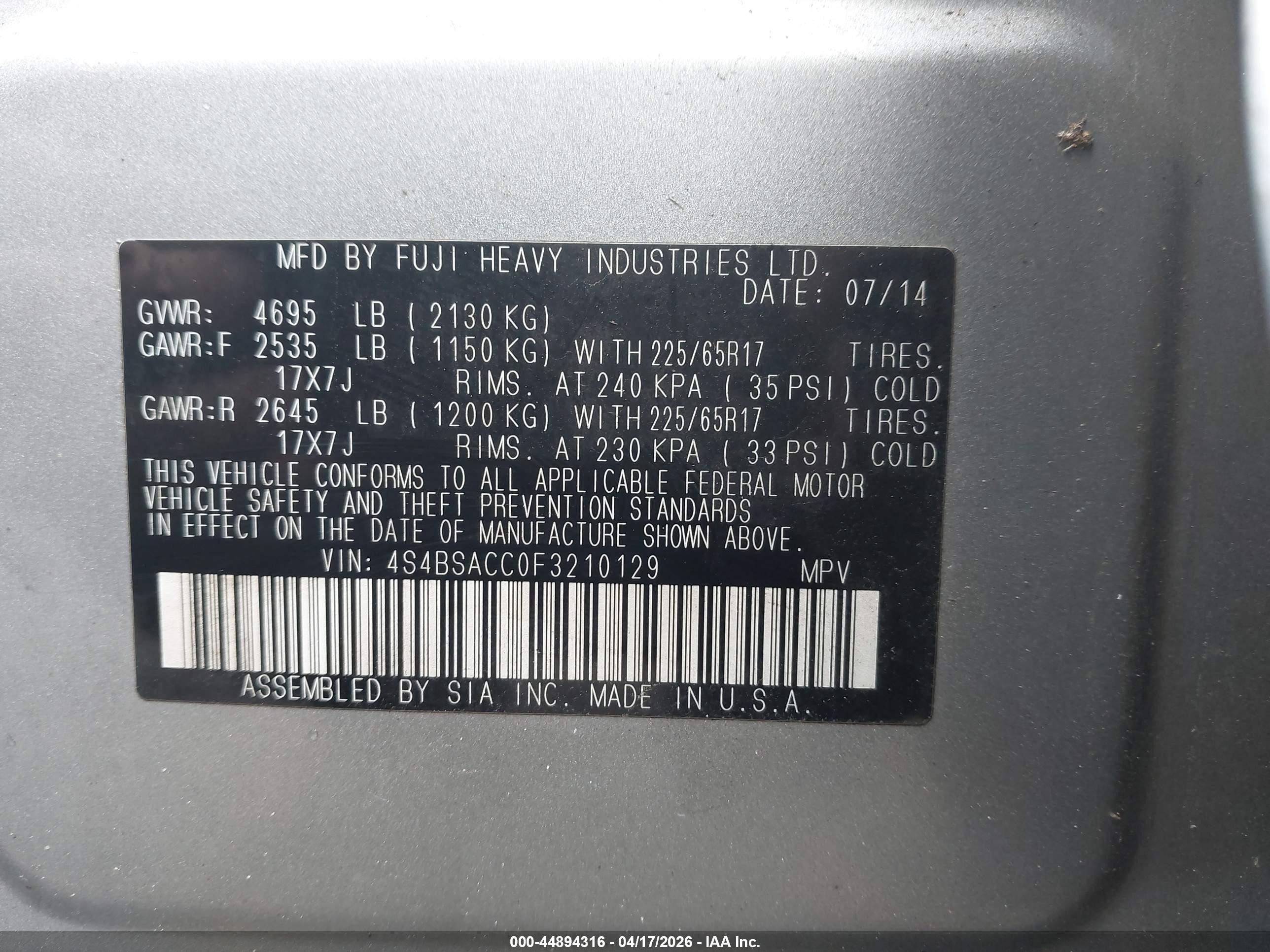 2015 Subaru Outback 2.5i Premium Silver vin: 4S4BSACC0F3210129