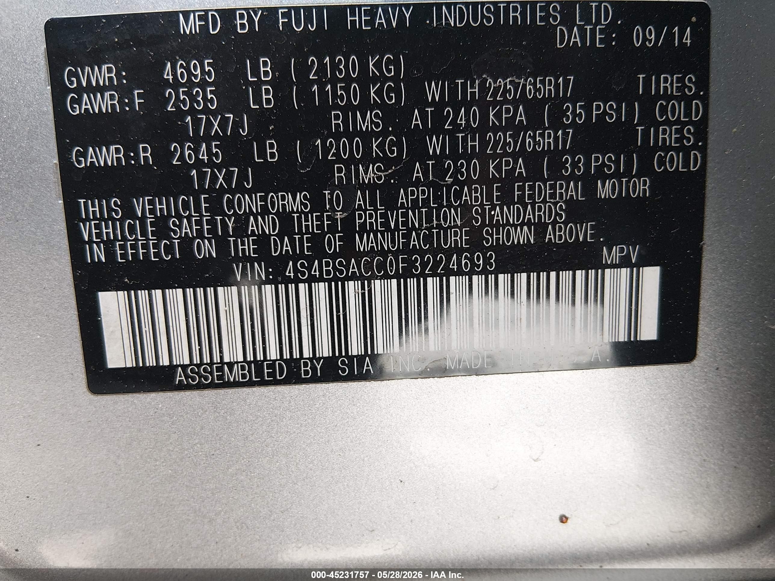 2015 Subaru Outback 2.5i Premium Silver vin: 4S4BSACC0F3224693