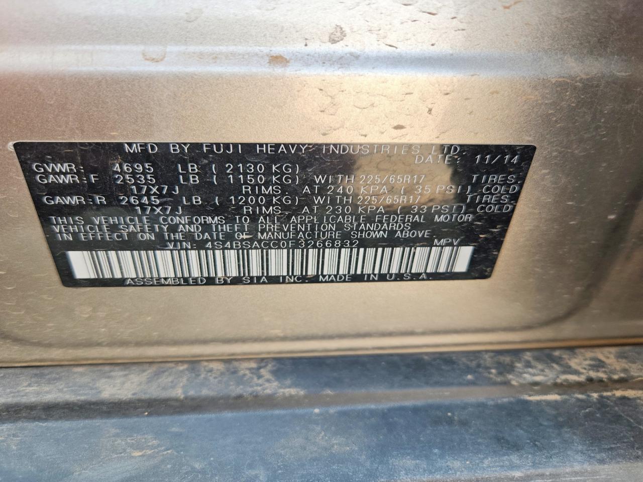 2015 Subaru Outback 2.5i Premium Silver vin: 4S4BSACC0F3266832