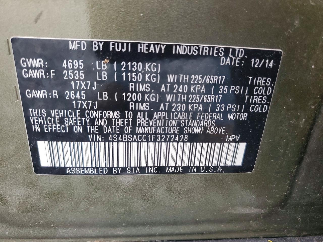 2015 Subaru Outback 2.5i Premium Green vin: 4S4BSACC1F3272428