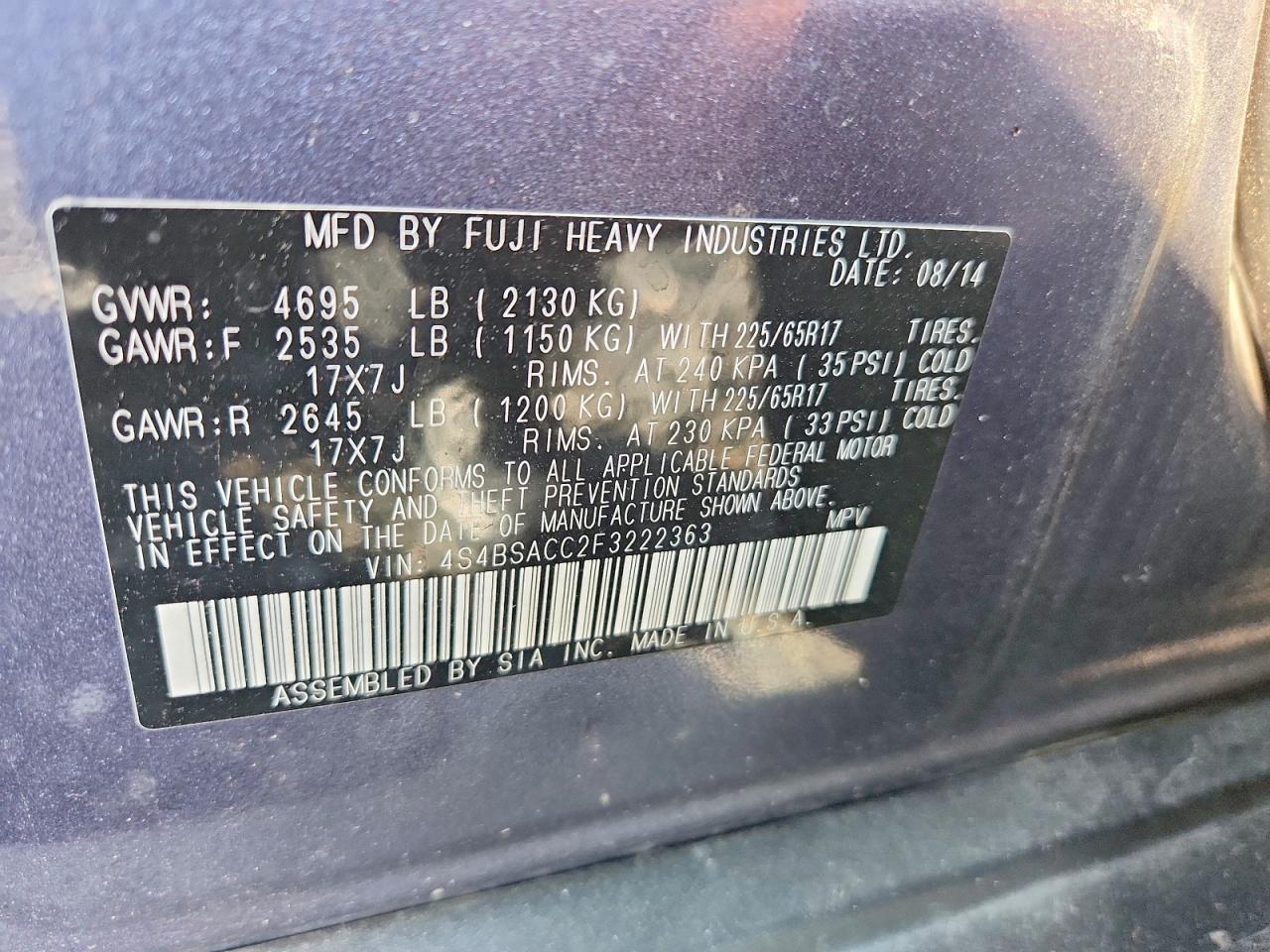 2015 Subaru Outback 2.5i Premium Blue vin: 4S4BSACC2F3222363