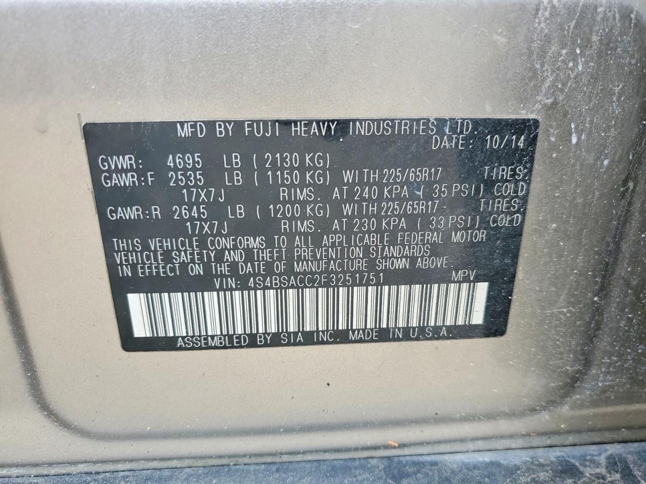 2015 Subaru Outback 2.5i Premium Silver vin: 4S4BSACC2F3251751