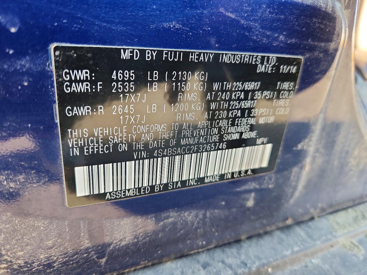 2015 Subaru Outback 2.5i Premium Blue vin: 4S4BSACC2F3265746