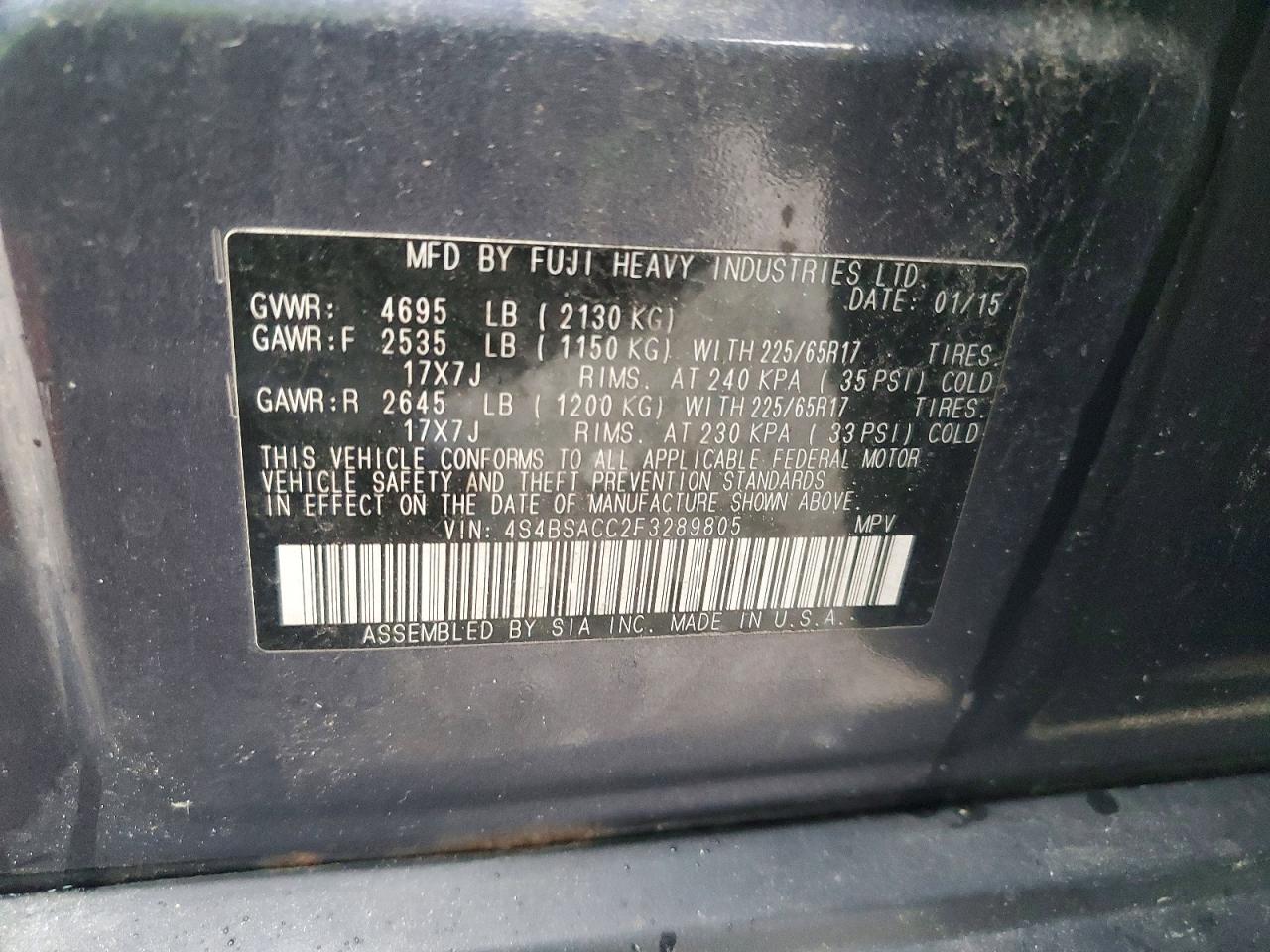 2015 Subaru Outback 2.5i Premium Gray vin: 4S4BSACC2F3289805
