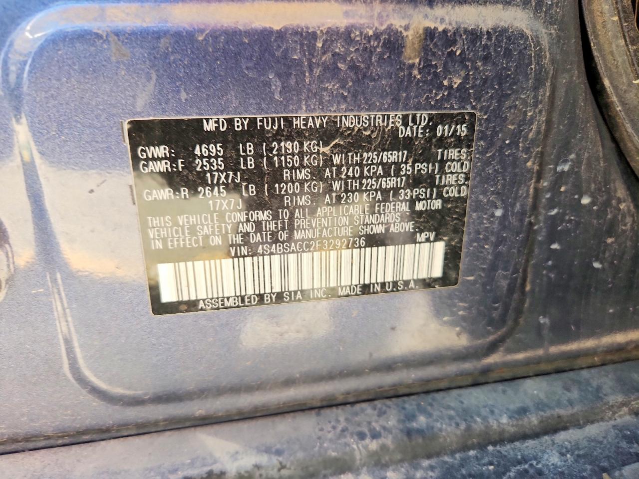 2015 Subaru Outback 2.5i Premium Blue vin: 4S4BSACC2F3292736