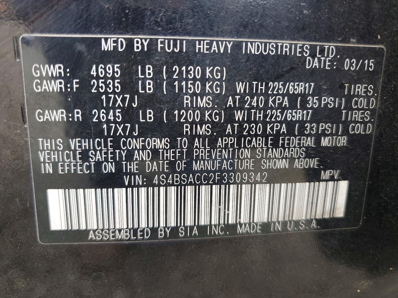 2015 Subaru Outback 2.5i Premium Black vin: 4S4BSACC2F3309342