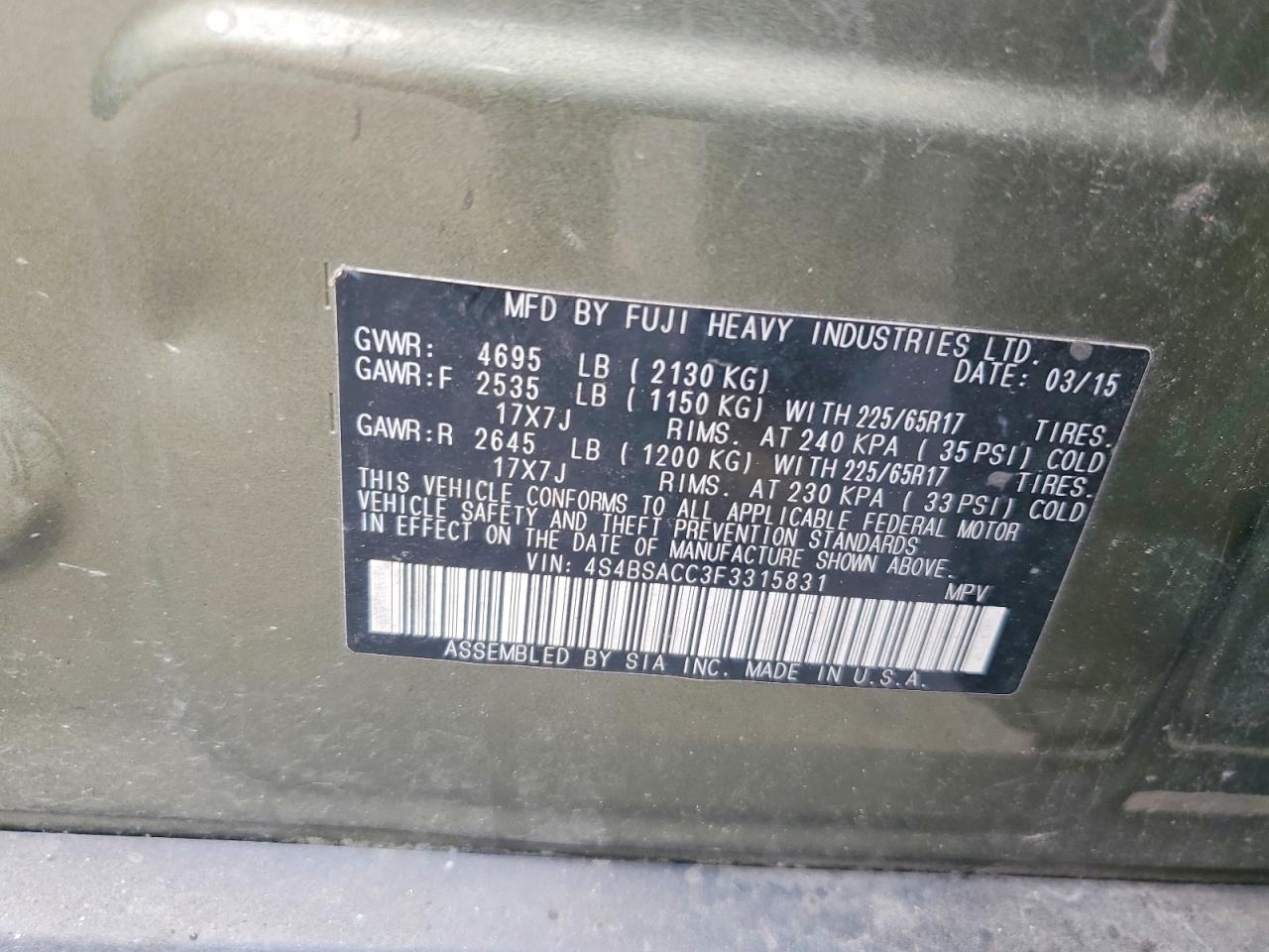 2015 Subaru Outback 2.5i Premium Green vin: 4S4BSACC3F3315831