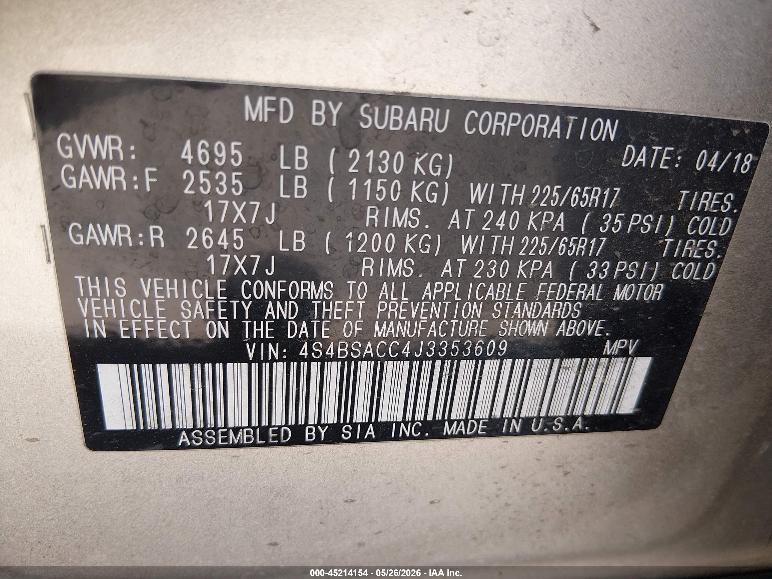 2018 Subaru Outback 2.5i Premium Silver vin: 4S4BSACC4J3353609