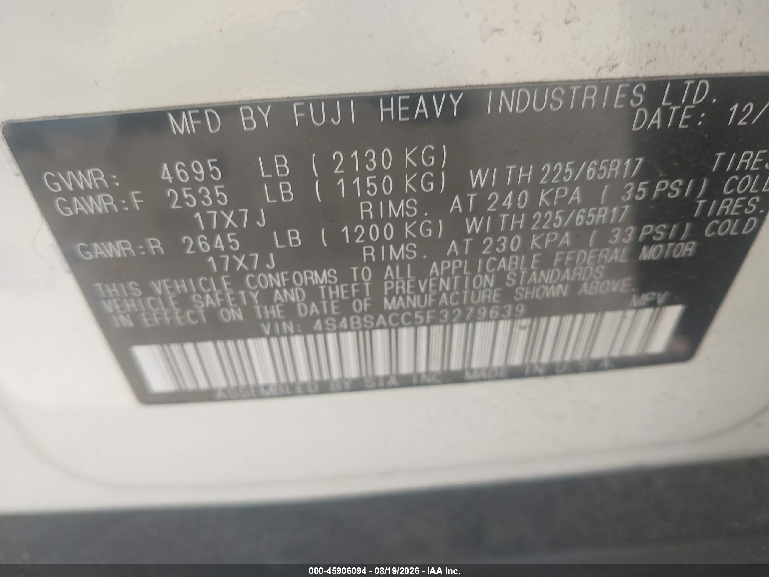 2015 Subaru Outback 2.5i Premium White vin: 4S4BSACC5F3279639