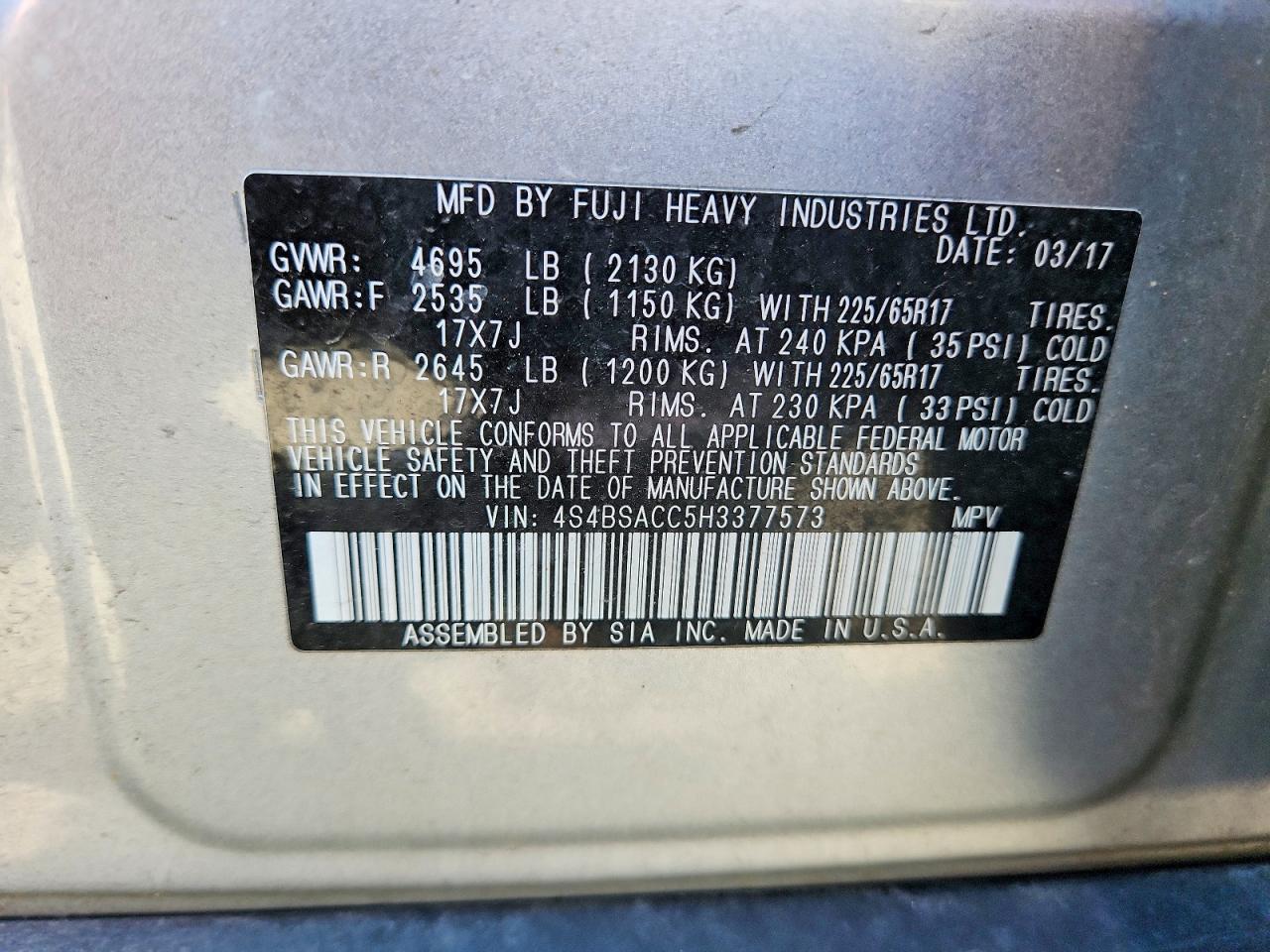 2017 Subaru Outback 2.5i Premium Silver vin: 4S4BSACC5H3377573