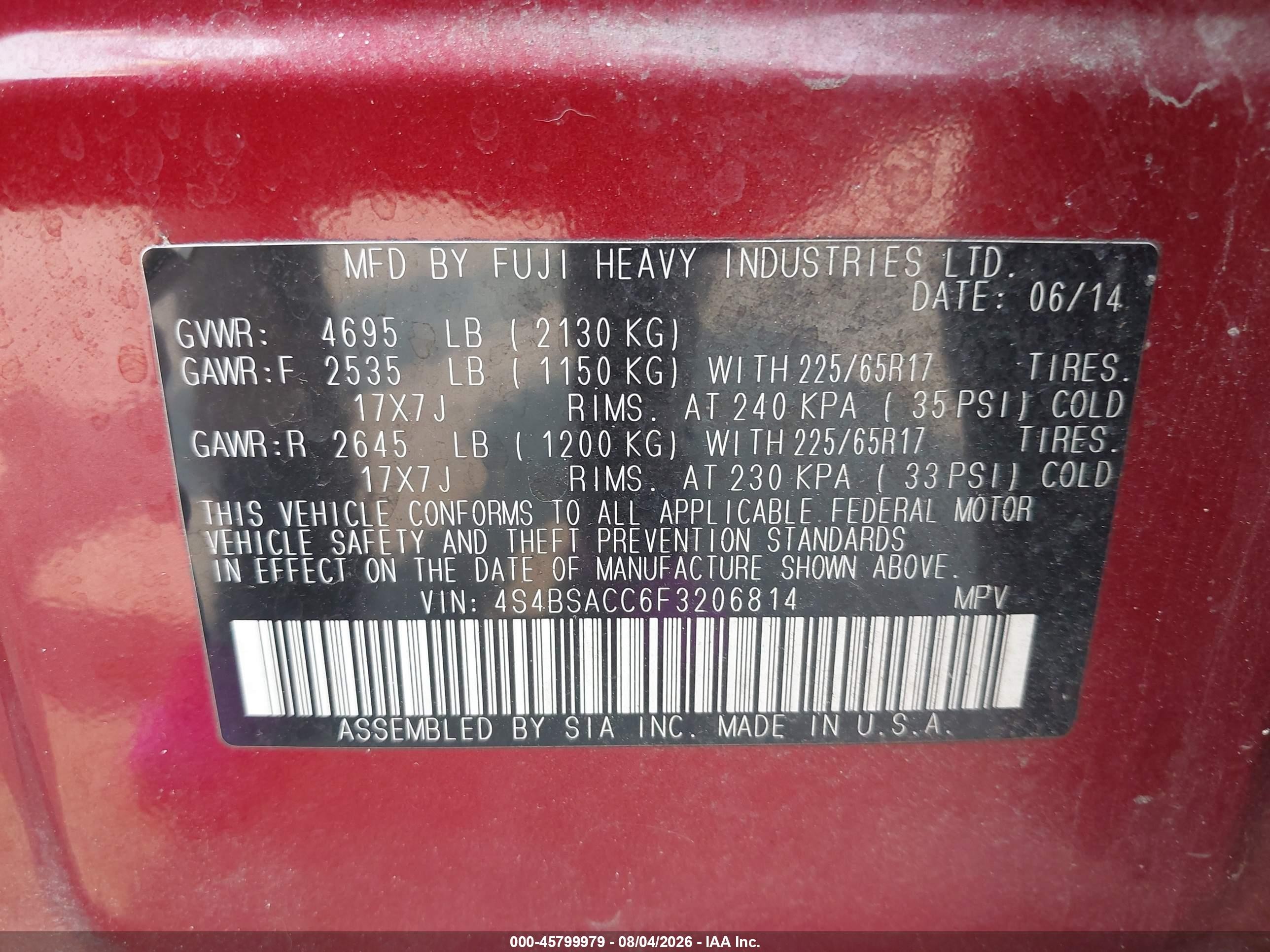 2015 Subaru Outback 2.5i Premium Red vin: 4S4BSACC6F3206814
