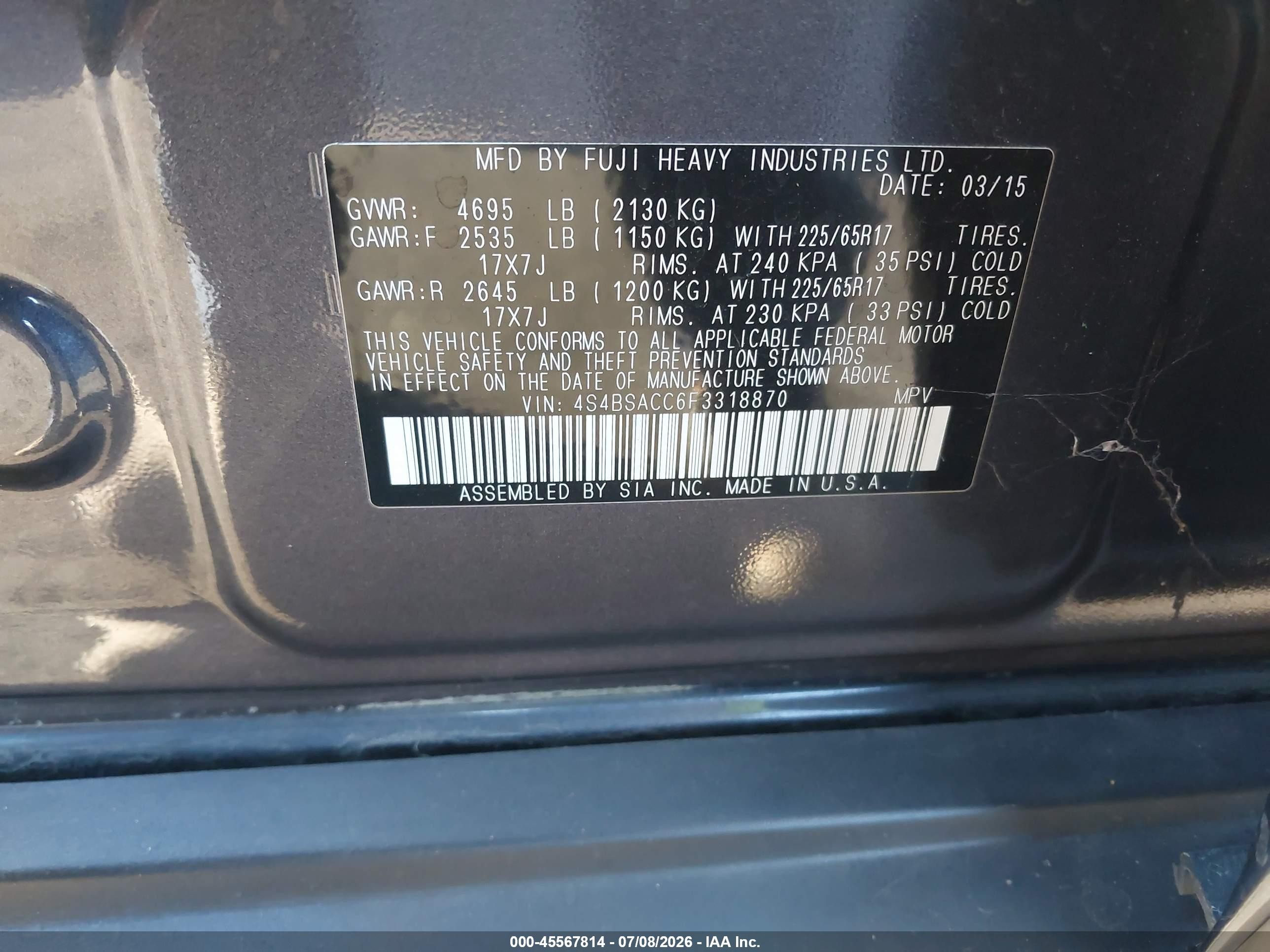 2015 Subaru Outback 2.5i Premium Blue vin: 4S4BSACC6F3318870