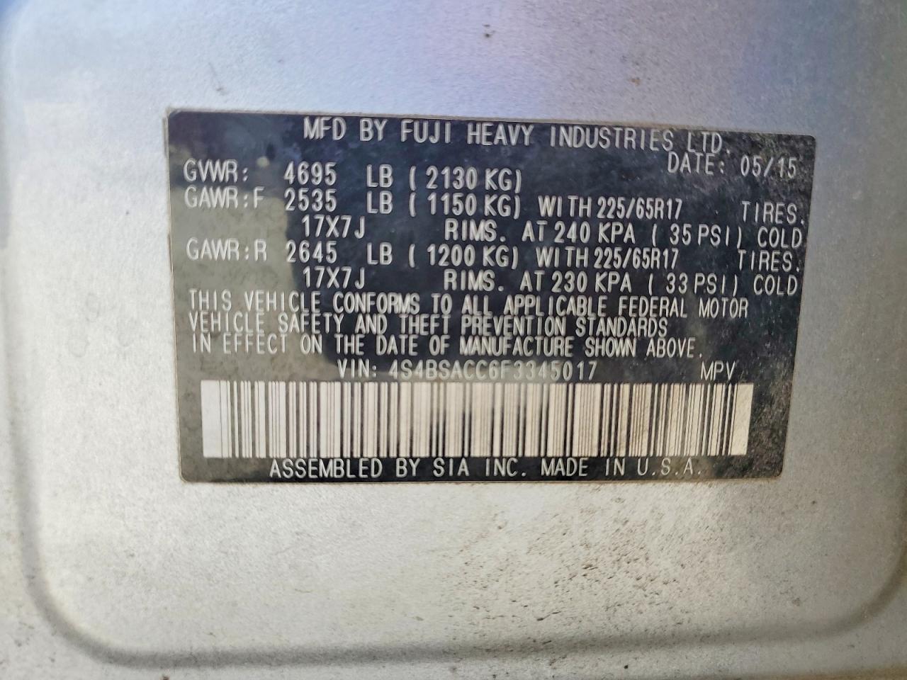 2015 Subaru Outback 2.5i Premium Silver vin: 4S4BSACC6F3345017