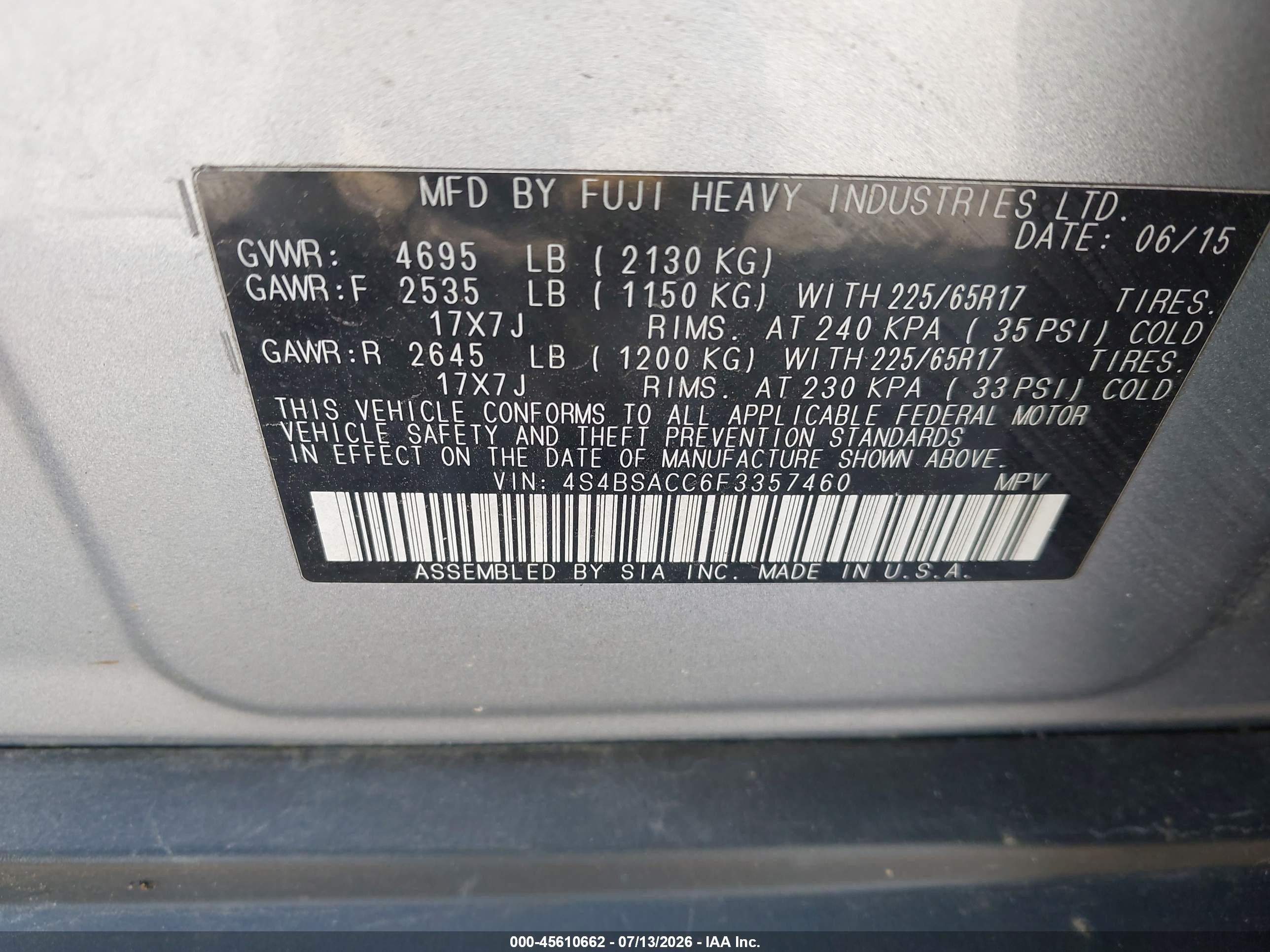 2015 Subaru Outback 2.5i Premium Silver vin: 4S4BSACC6F3357460