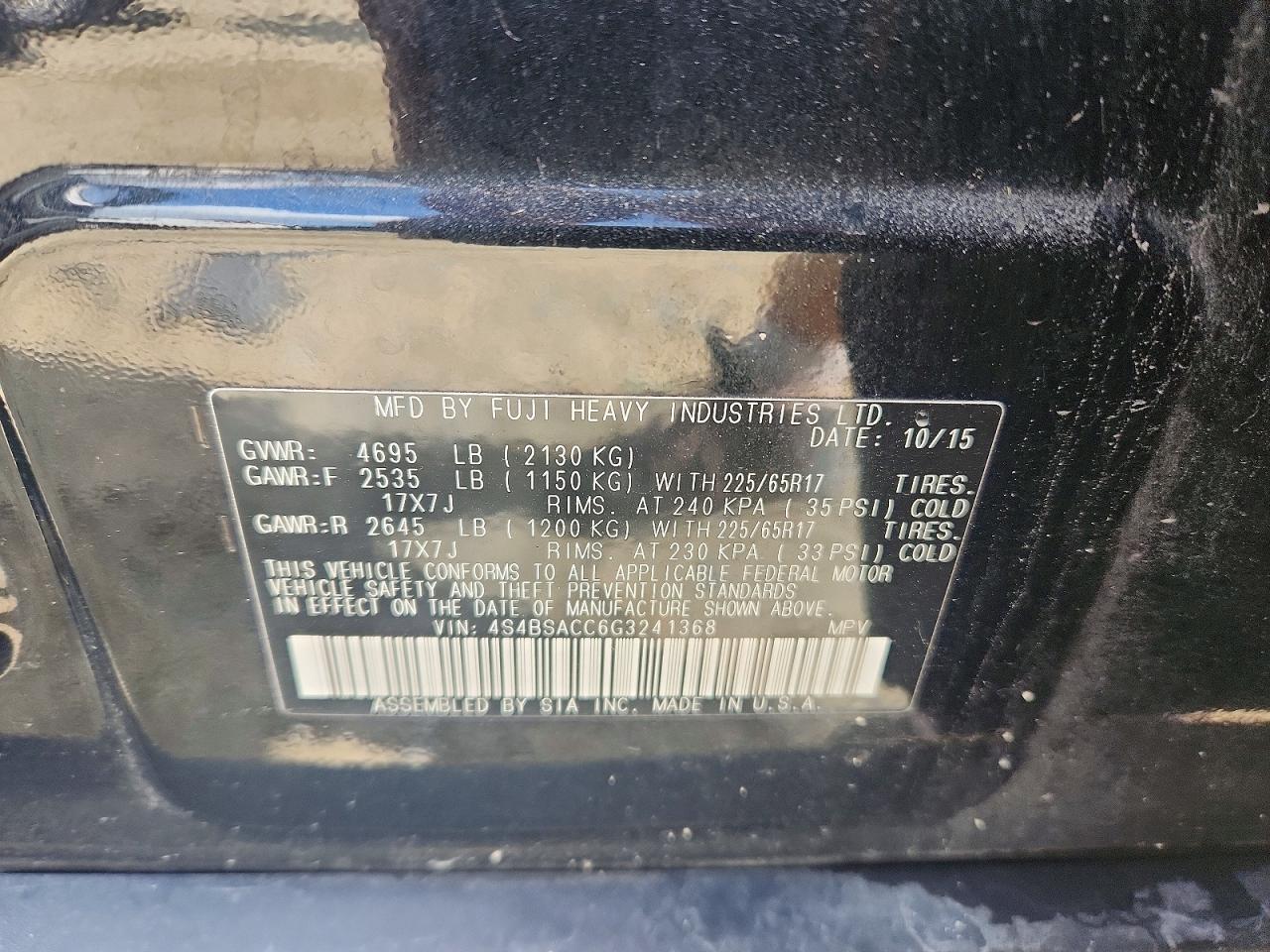 2016 Subaru Outback 2.5i Premium Черный vin: 4S4BSACC6G3241368