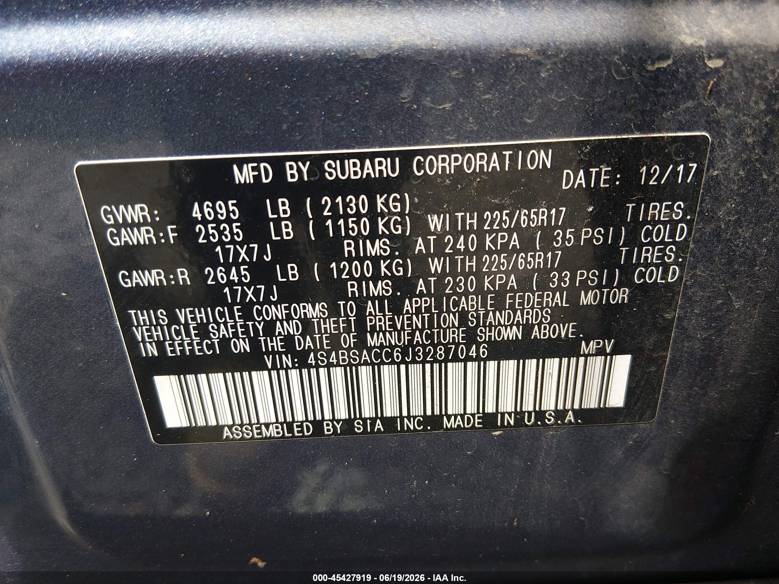 2018 Subaru Outback 2.5i Premium Blue vin: 4S4BSACC6J3287046