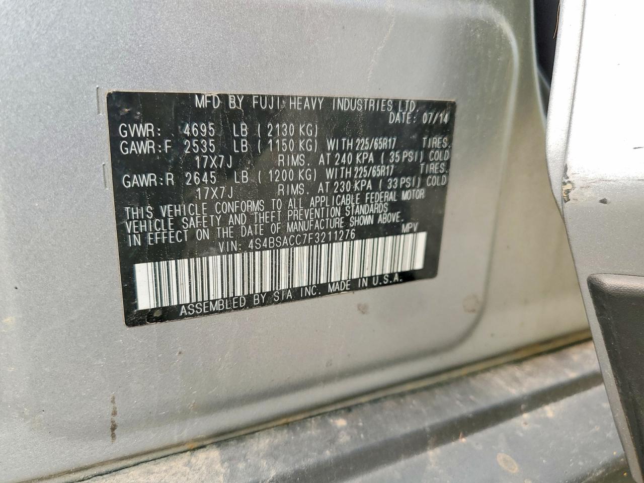 2015 Subaru Outback 2.5i Premium Silver vin: 4S4BSACC7F3211276