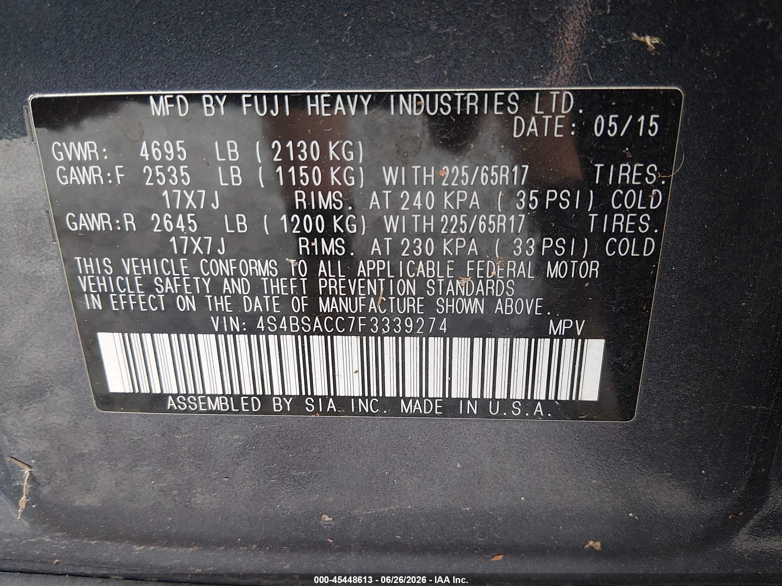 2015 Subaru Outback 2.5i Premium Blue vin: 4S4BSACC7F3339274