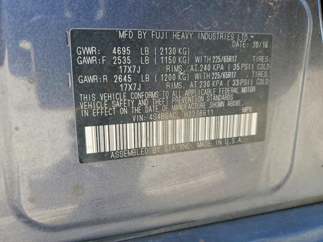 2017 Subaru Outback 2.5i Premium Charcoal vin: 4S4BSACC7H3278611