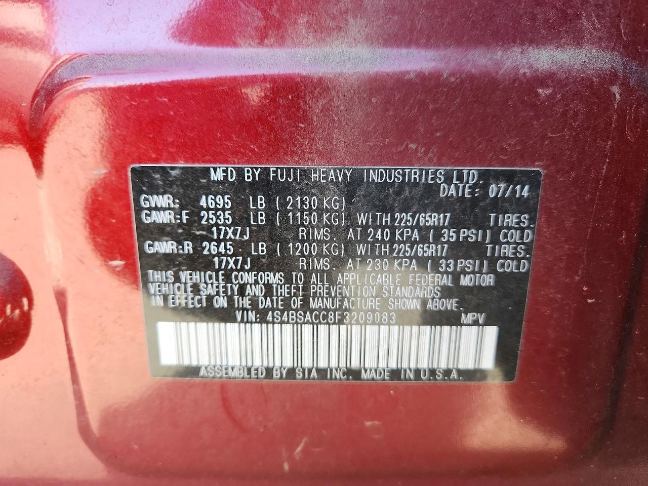 2015 Subaru Outback 2.5i Premium Red vin: 4S4BSACC8F3209083