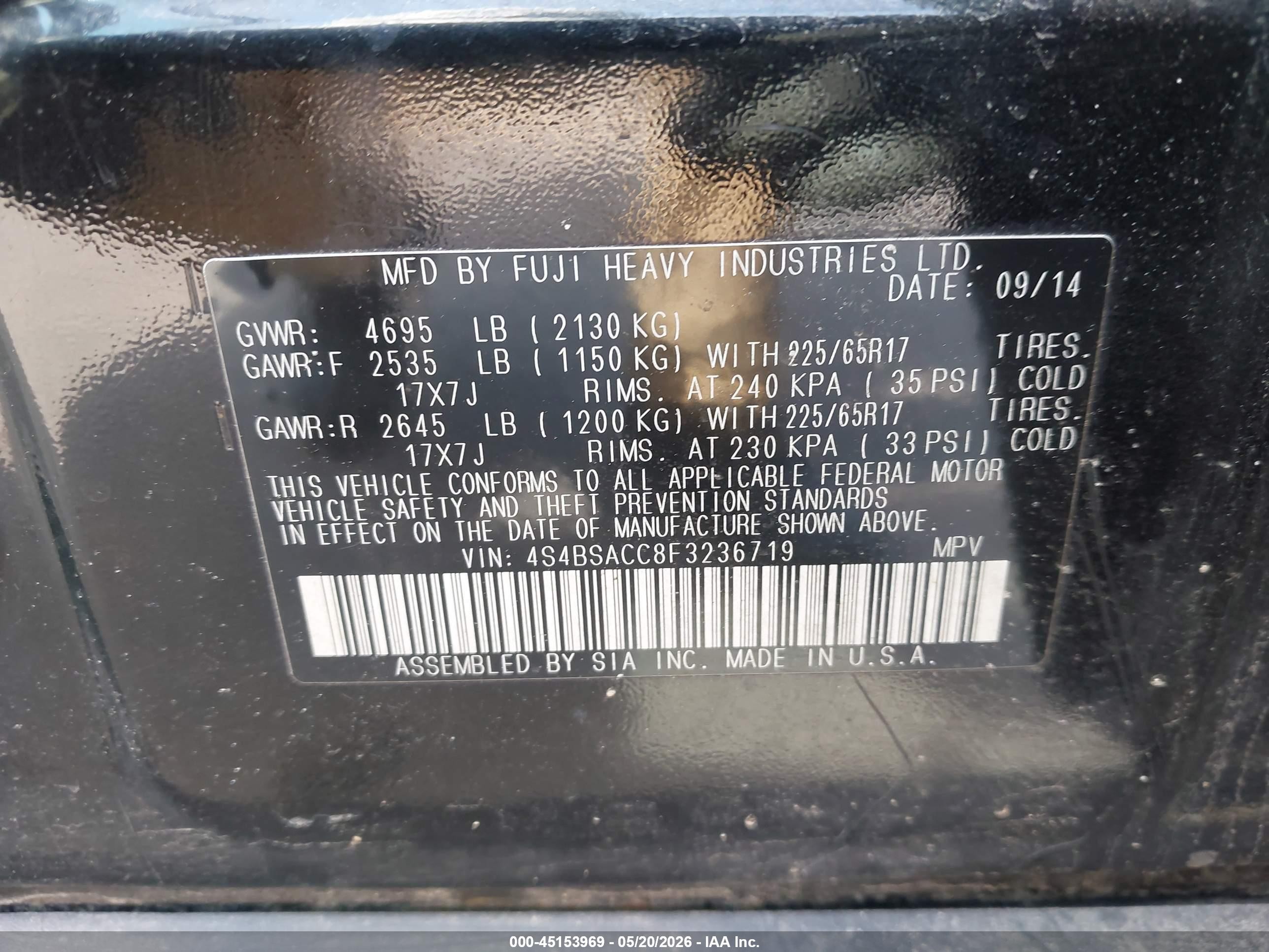 2015 Subaru Outback 2.5i Premium Black vin: 4S4BSACC8F3236719