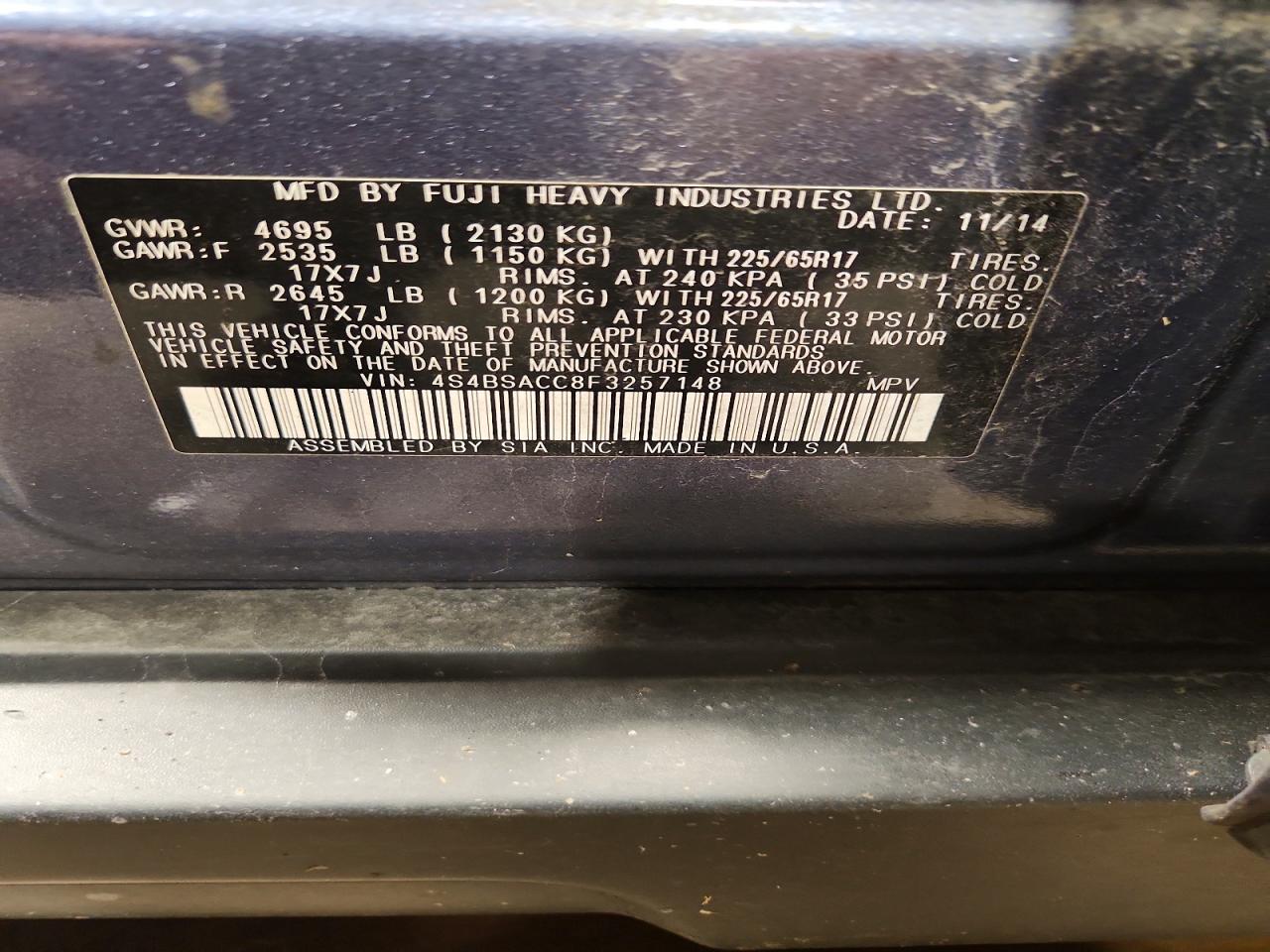 2015 Subaru Outback 2.5i Premium Blue vin: 4S4BSACC8F3257148