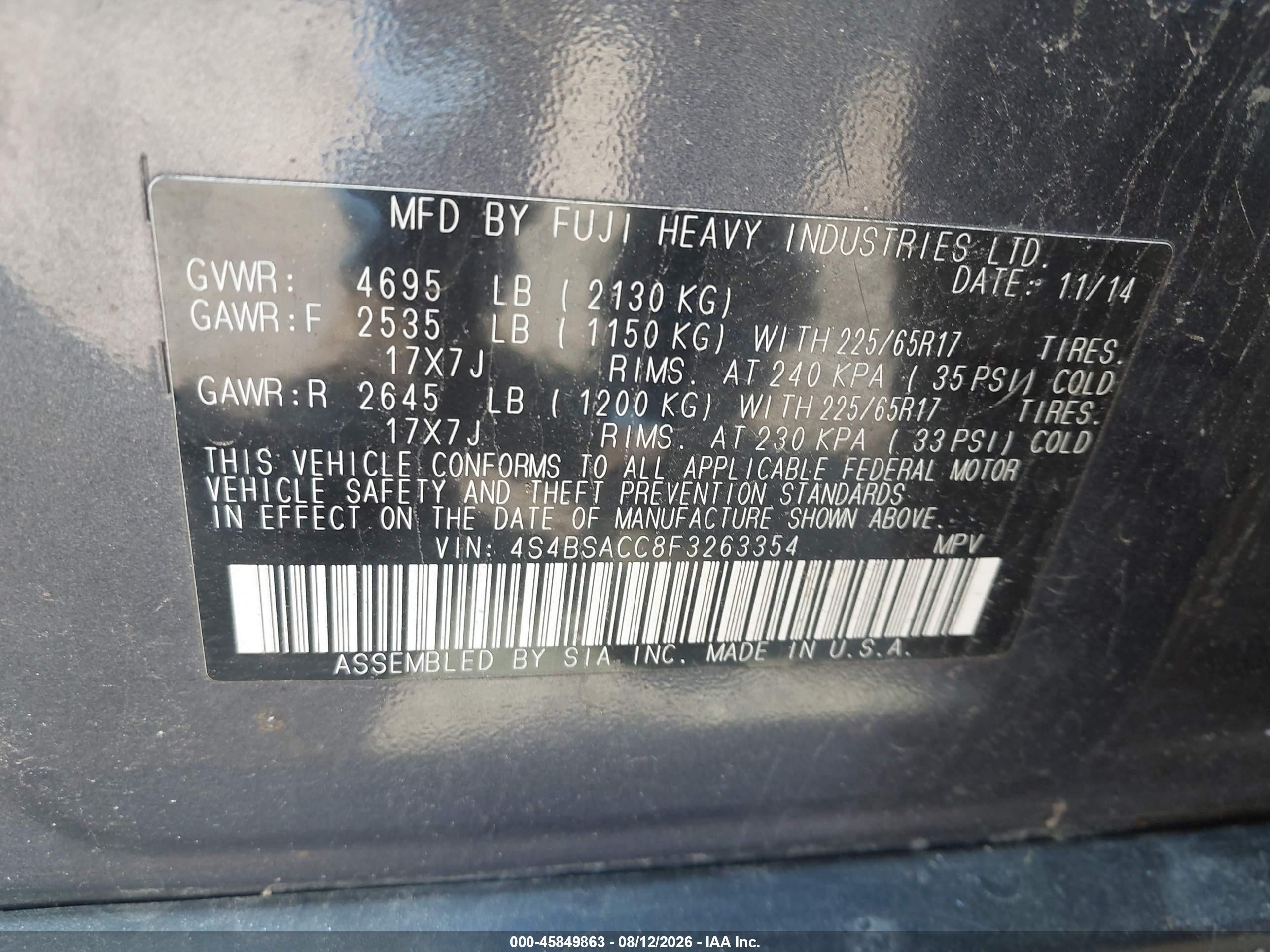 2015 Subaru Outback 2.5i Premium Gray vin: 4S4BSACC8F3263354
