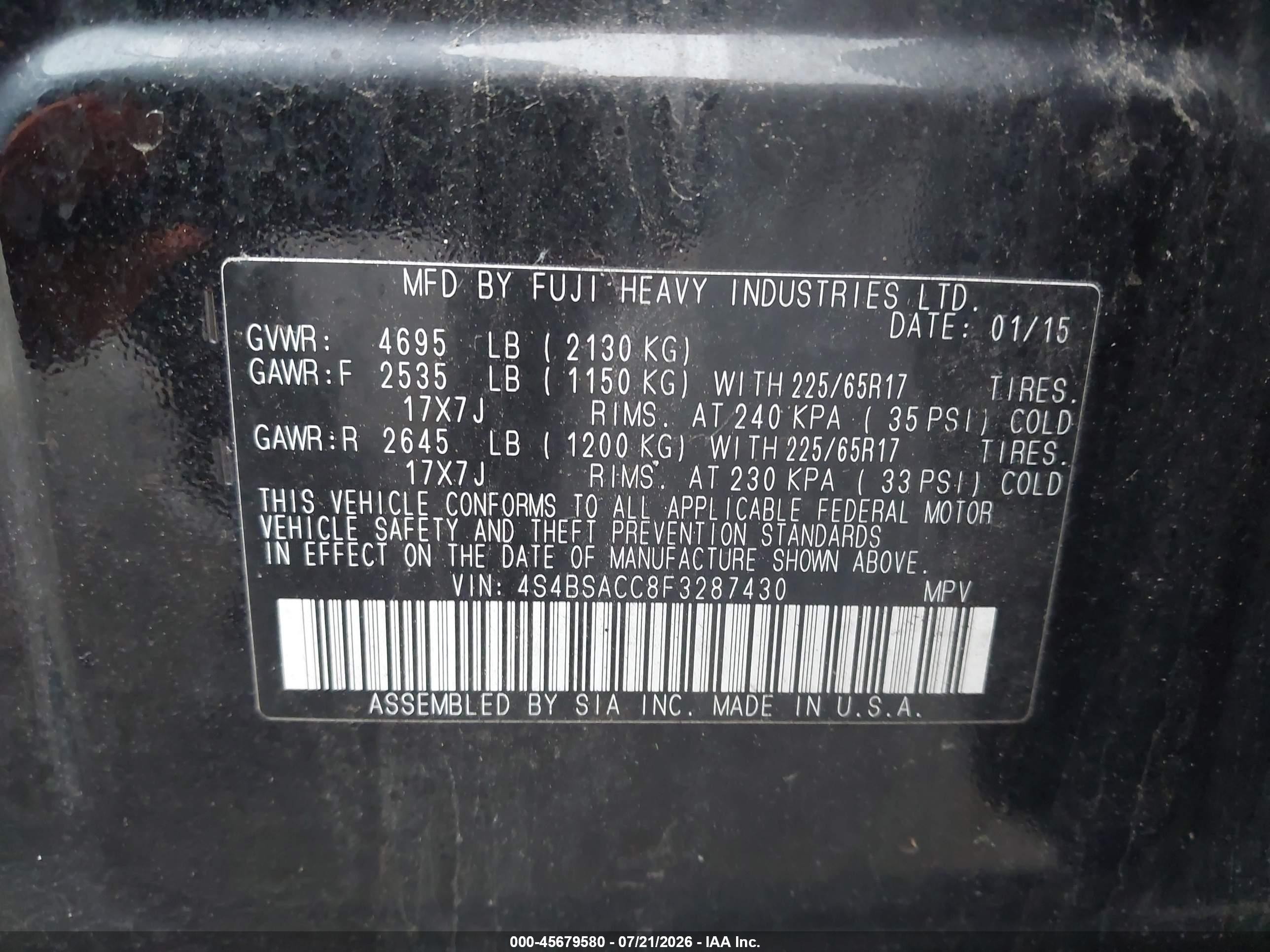 2015 Subaru Outback 2.5i Premium Черный vin: 4S4BSACC8F3287430