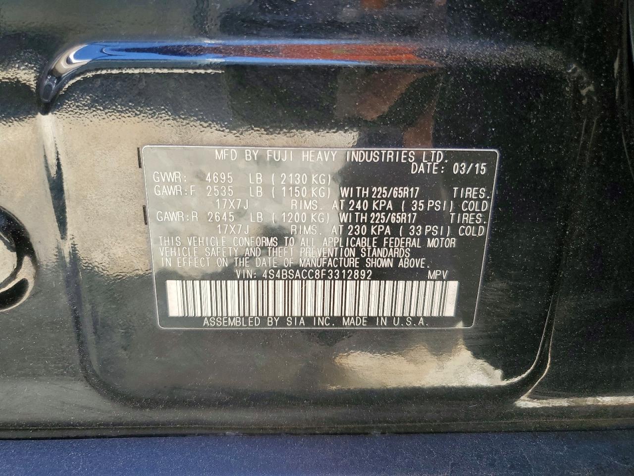 2015 Subaru Outback 2.5i Premium Black vin: 4S4BSACC8F3312892