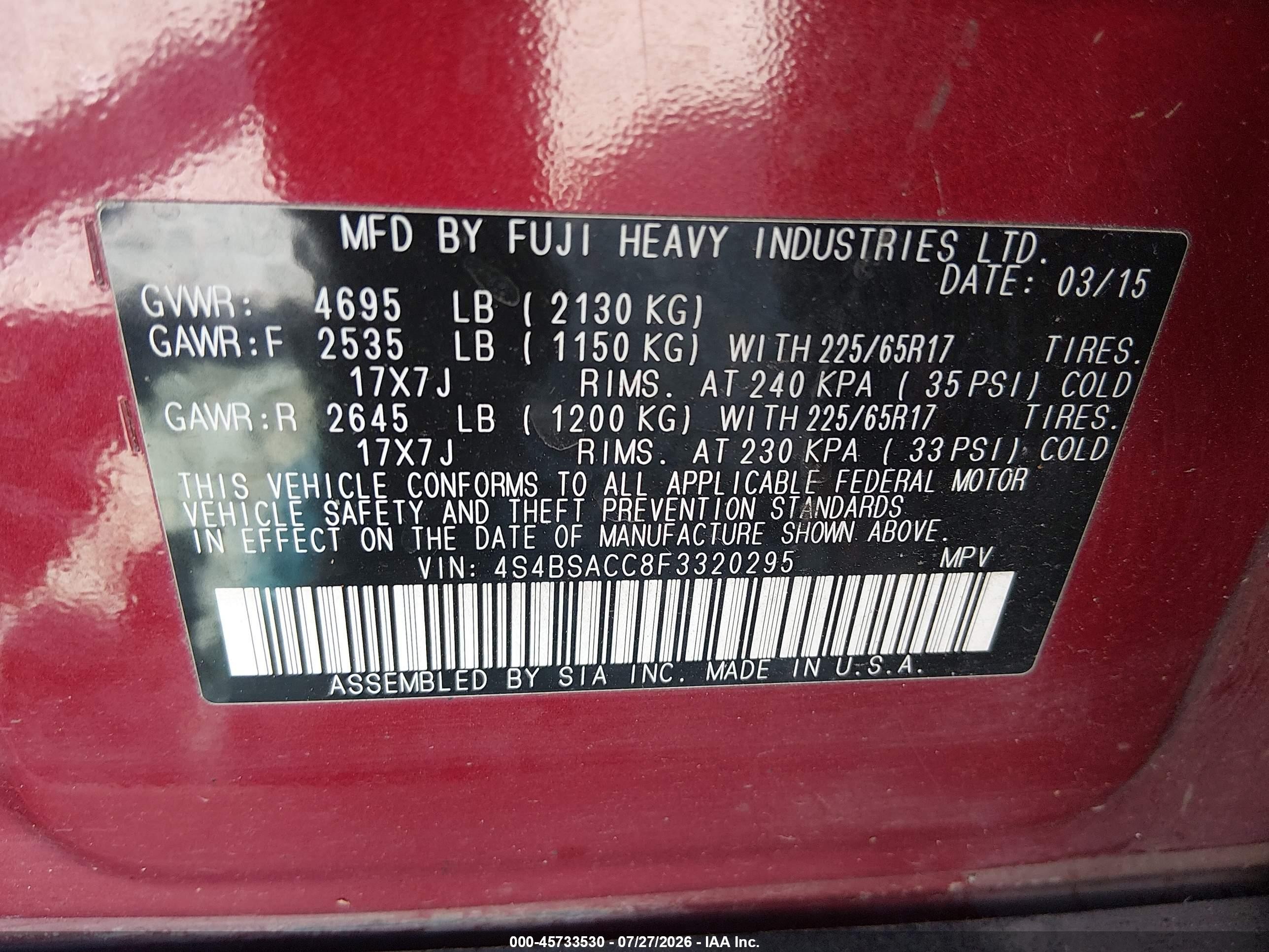 2015 Subaru Outback 2.5i Premium Red vin: 4S4BSACC8F3320295