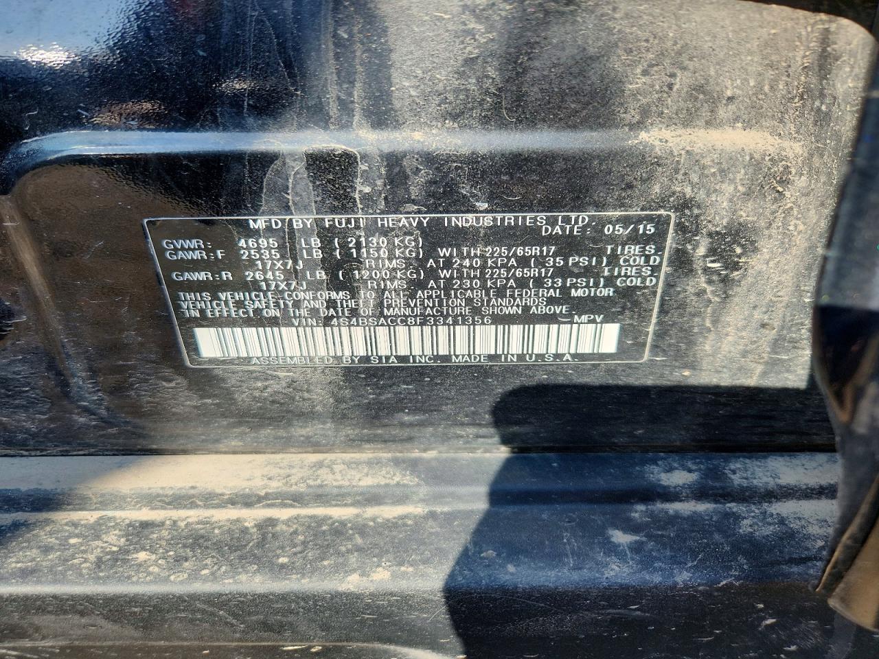 2015 Subaru Outback 2.5i Premium Black vin: 4S4BSACC8F3341356