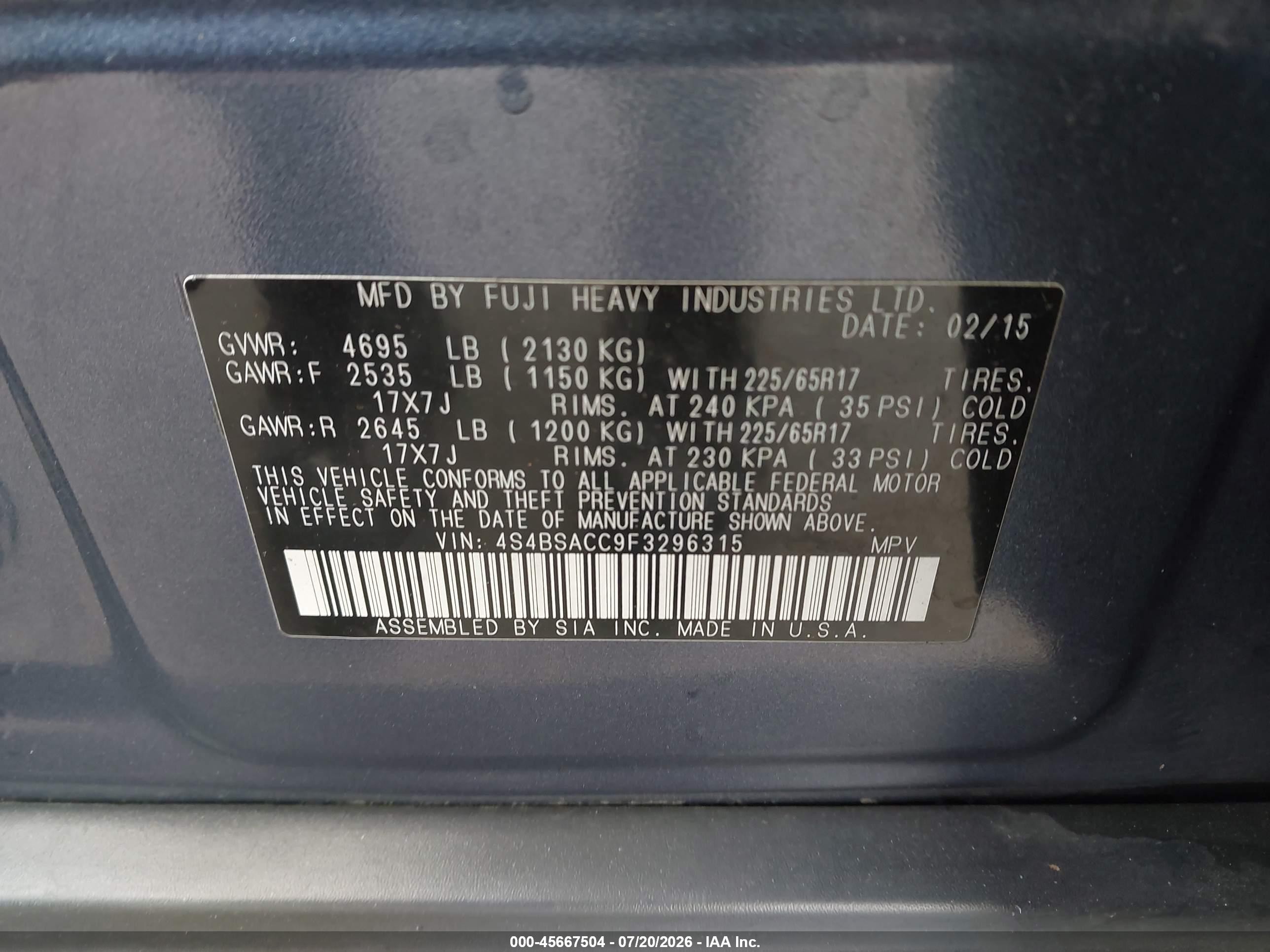 2015 Subaru Outback 2.5i Premium Blue vin: 4S4BSACC9F3296315