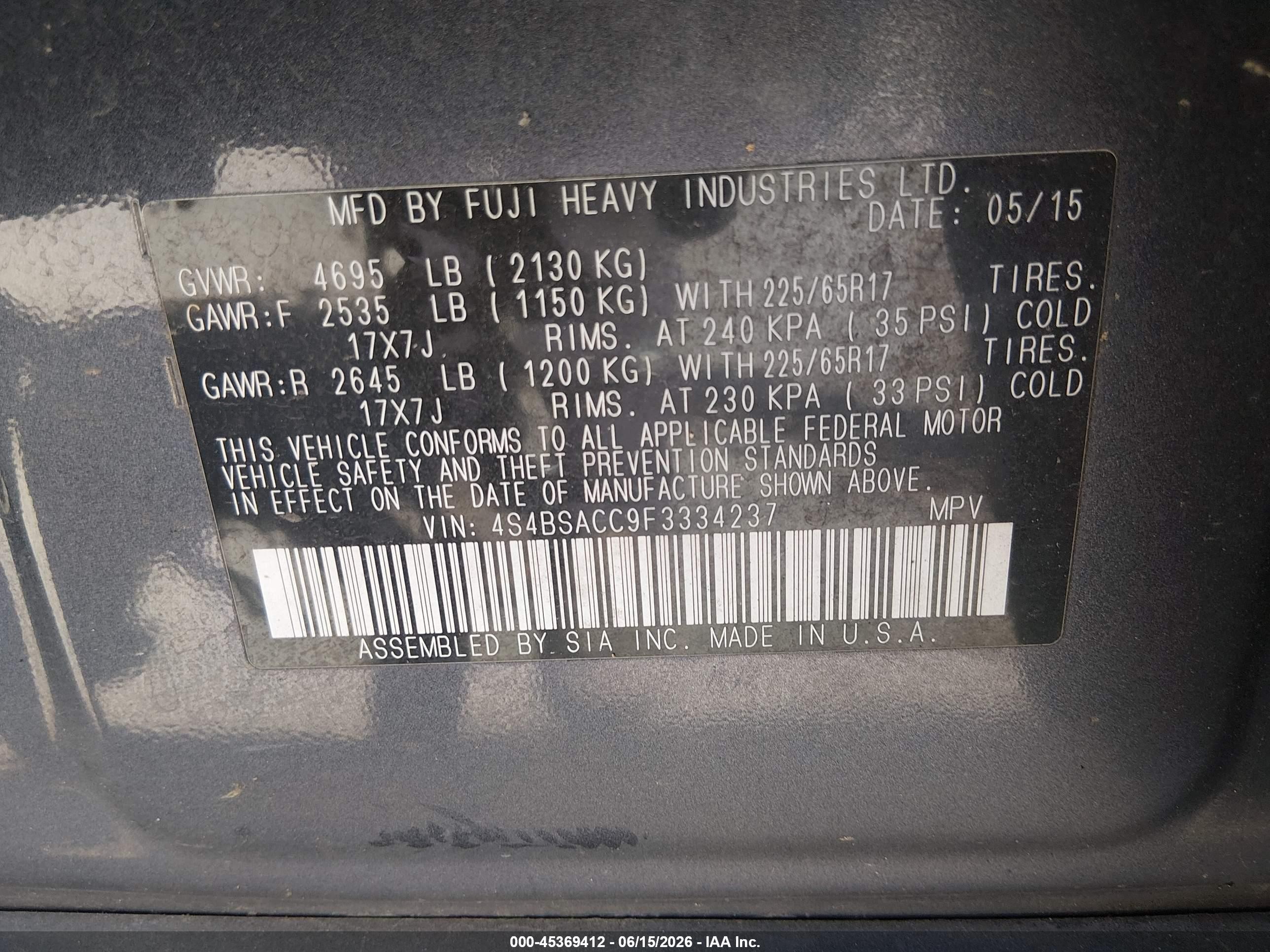 2015 Subaru Outback 2.5i Premium Gray vin: 4S4BSACC9F3334237