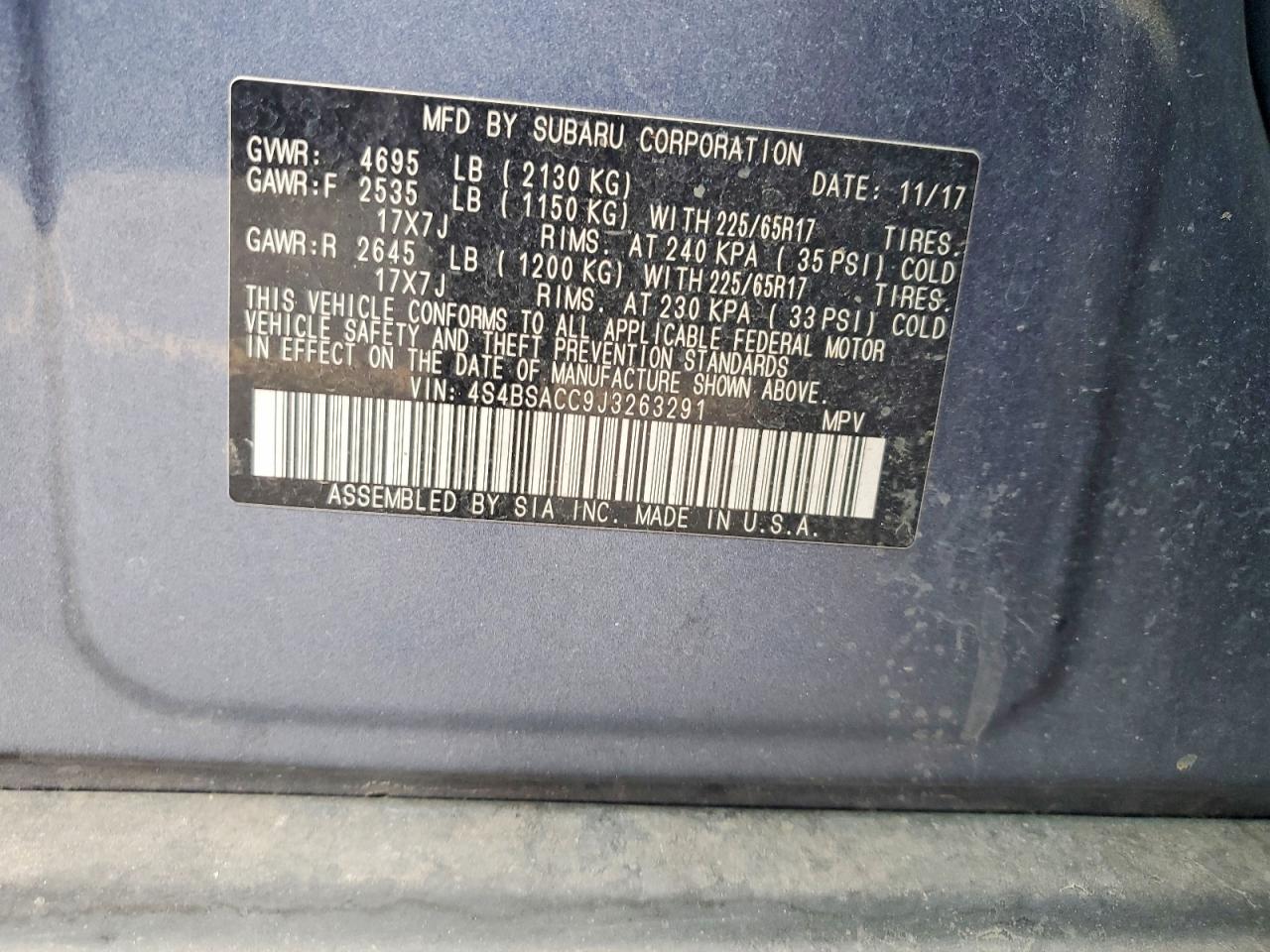 2018 Subaru Outback Blue vin: 4S4BSACC9J3263291