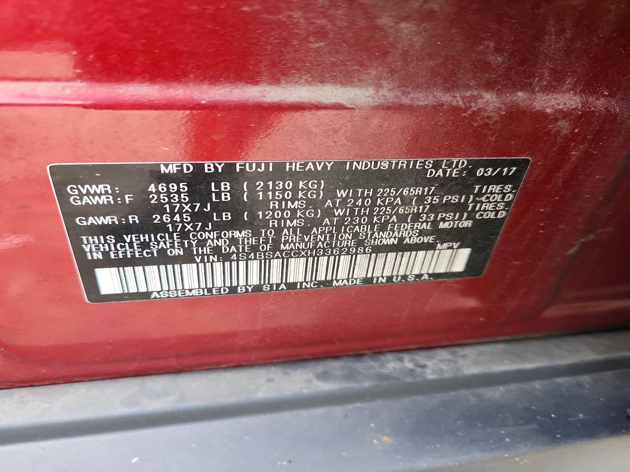 2017 Subaru Outback 2.5i Premium Red vin: 4S4BSACCXH3362986