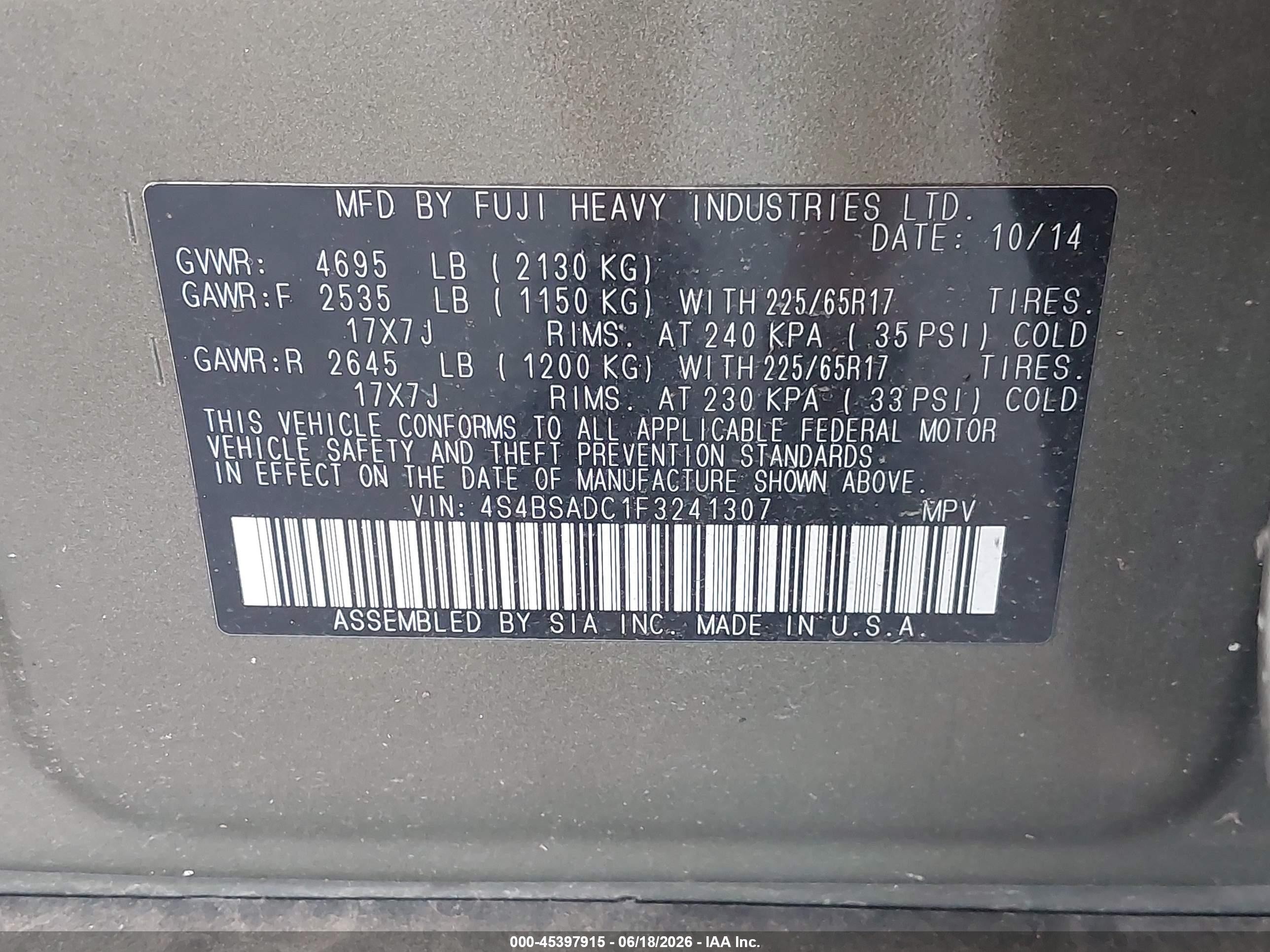 2015 Subaru Outback 2.5i Premium Green vin: 4S4BSADC1F3241307