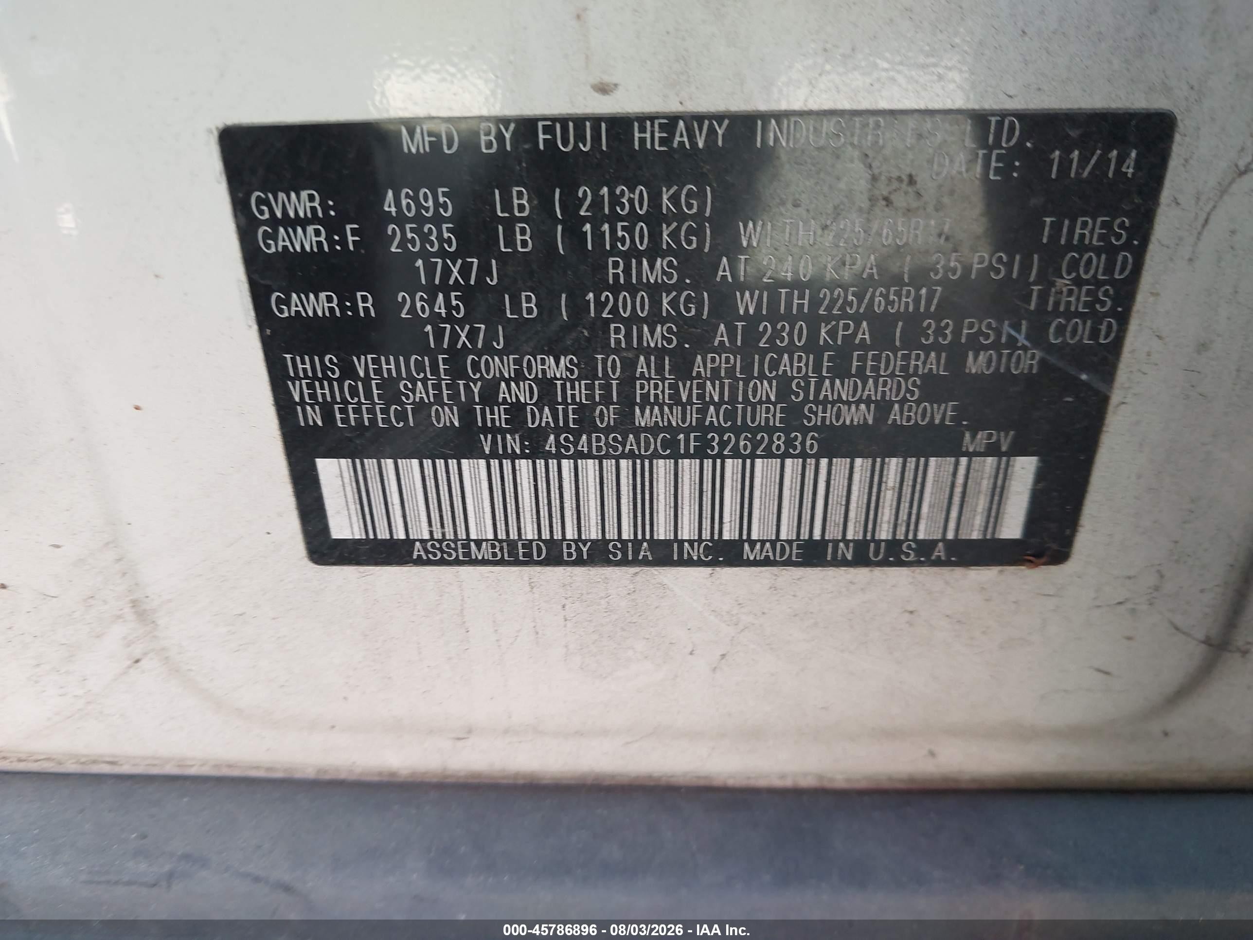 2015 Subaru Outback 2.5i Premium White vin: 4S4BSADC1F3262836