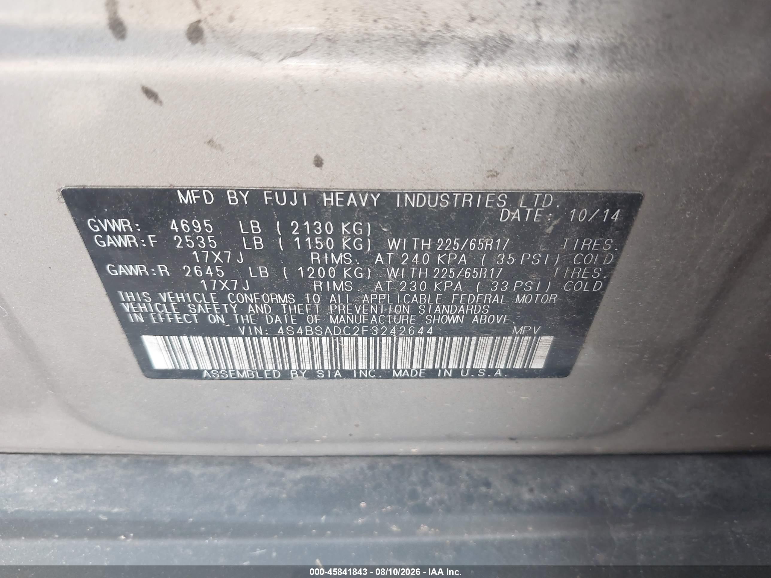2015 Subaru Outback 2.5i Premium Gold vin: 4S4BSADC2F3242644