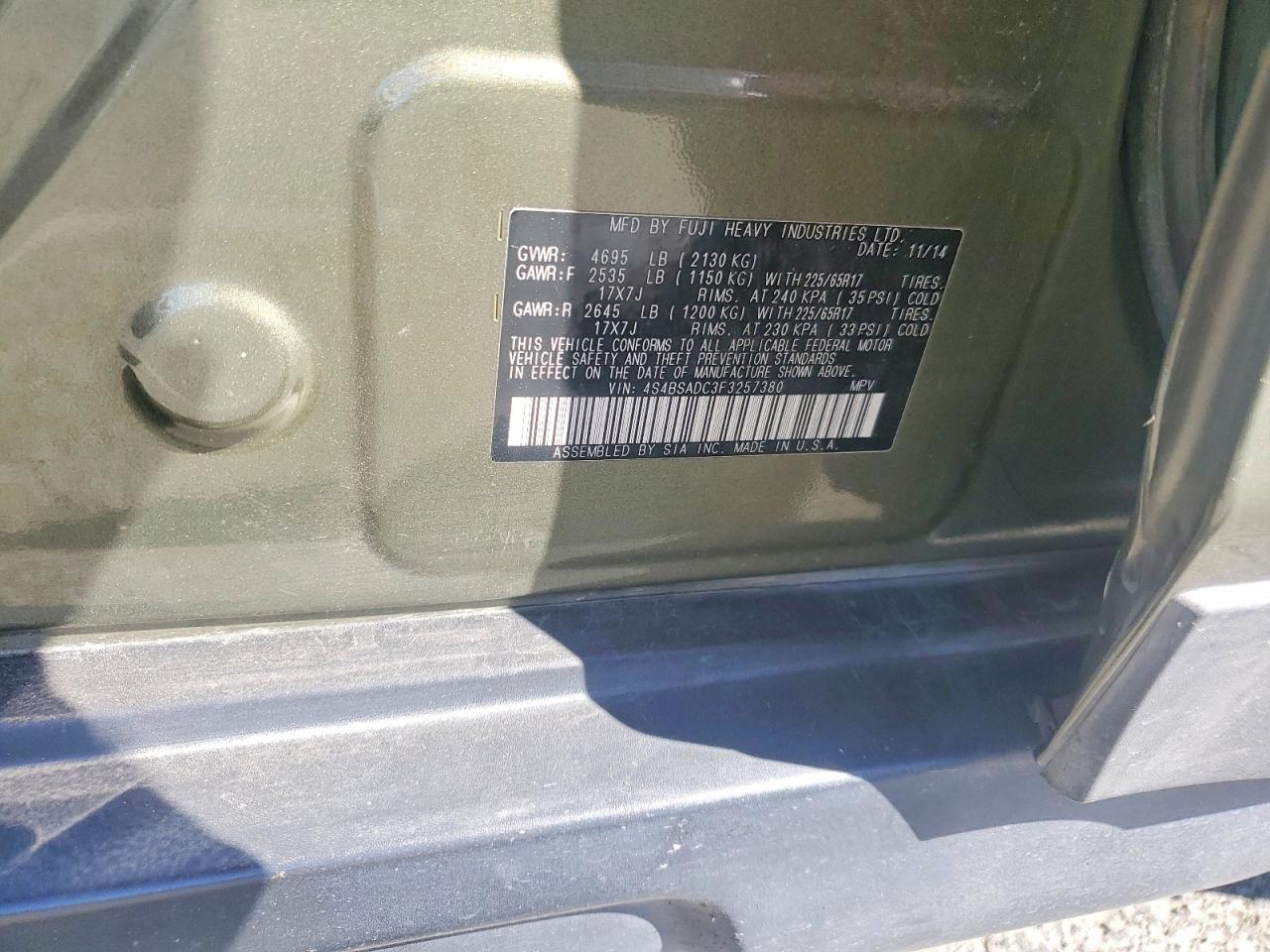 2015 Subaru Outback 2.5i Premium Green vin: 4S4BSADC3F3257380