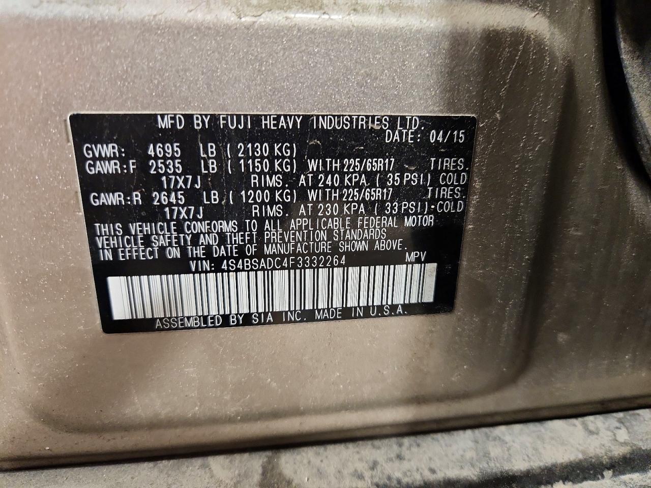 2015 Subaru Outback 2.5i Premium Silver vin: 4S4BSADC4F3332264