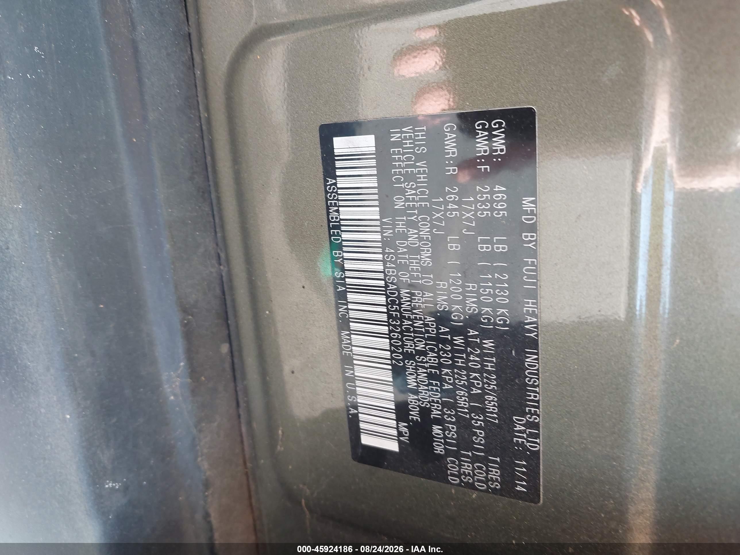 2015 Subaru Outback 2.5i Premium Gray vin: 4S4BSADC5F3260202