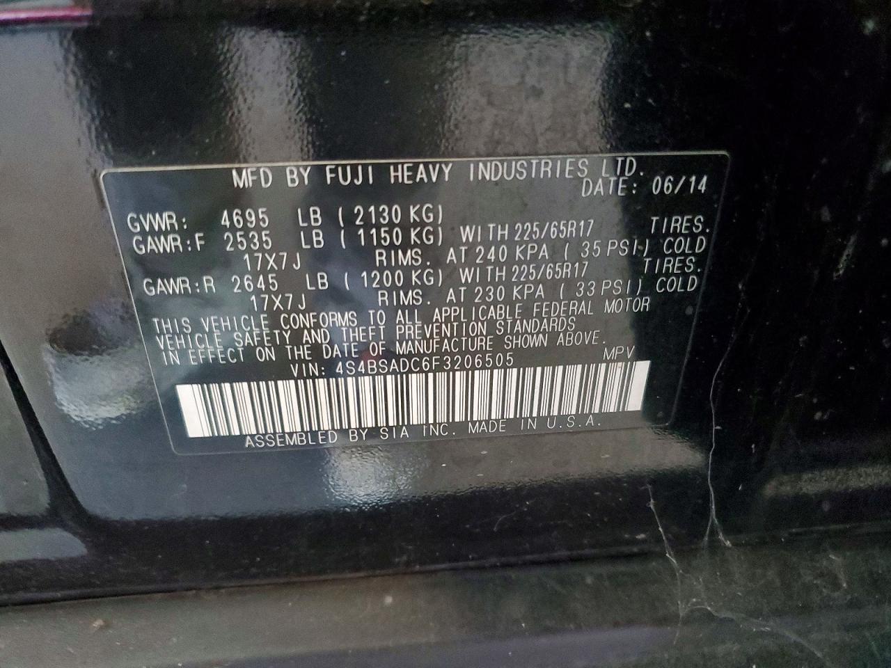 2015 Subaru Outback 2.5i Premium Black vin: 4S4BSADC6F3206505