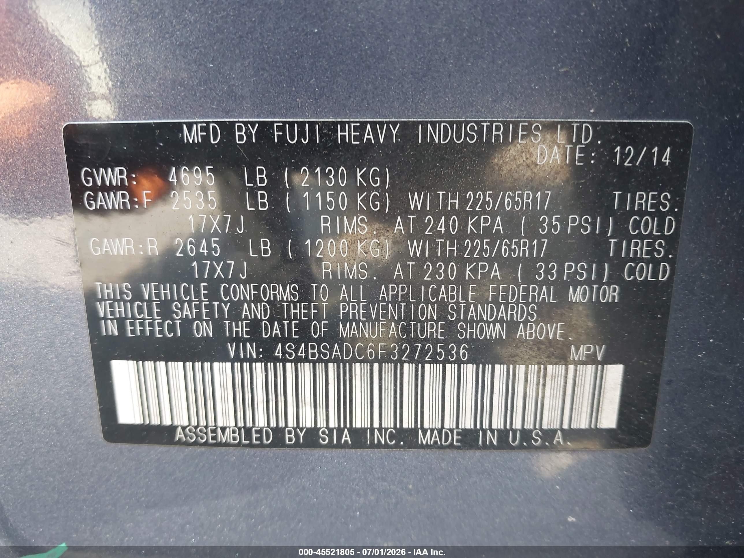 2015 Subaru Outback 2.5i Premium Blue vin: 4S4BSADC6F3272536